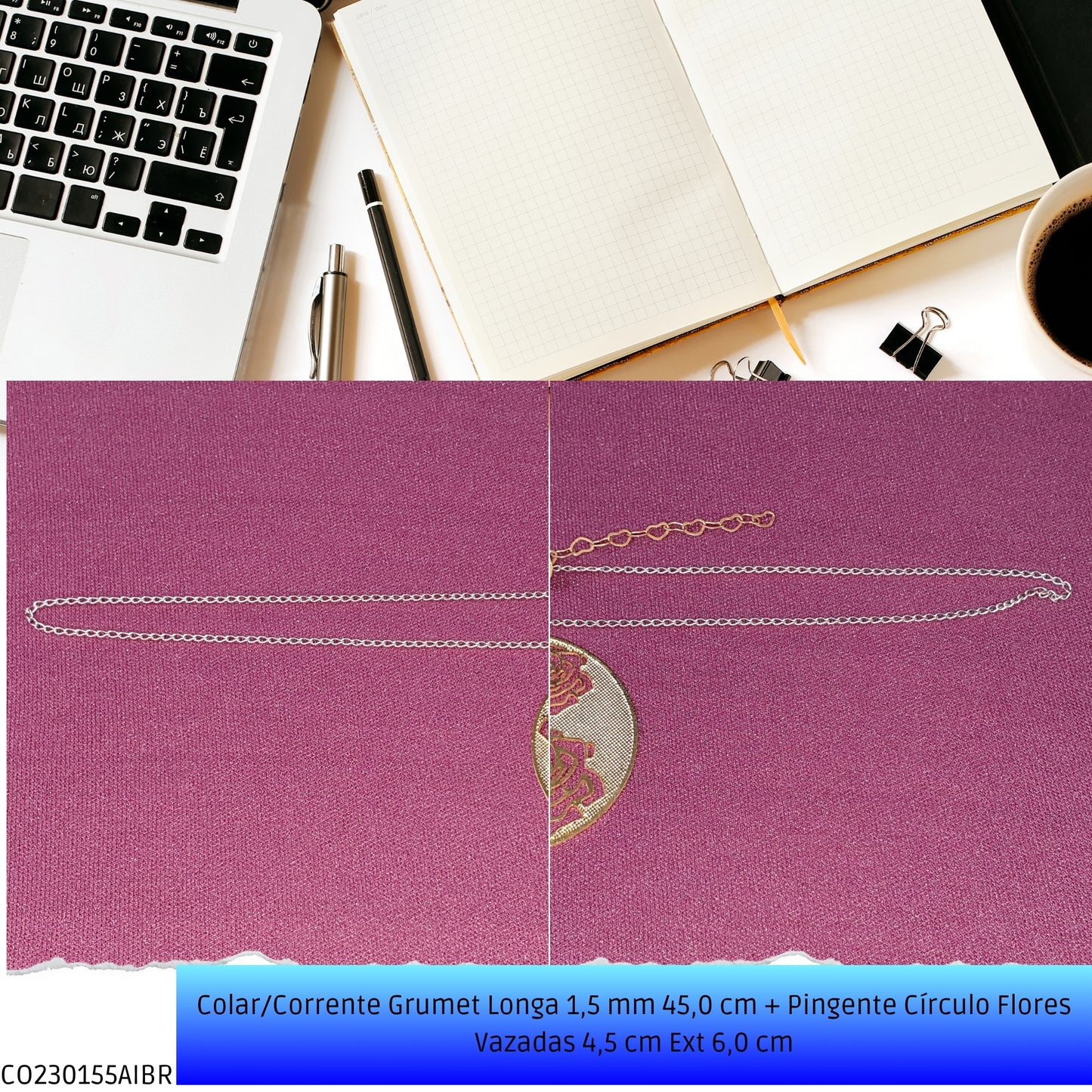 Colar/Corrente Grumet Longa 1.5 mm 45.0 cm + Pingente Círculo Flores Vazadas 4.5 cm Ext 6.0 cm   - Código.: CO230155AIBR  - Peso.: 4.9 gr