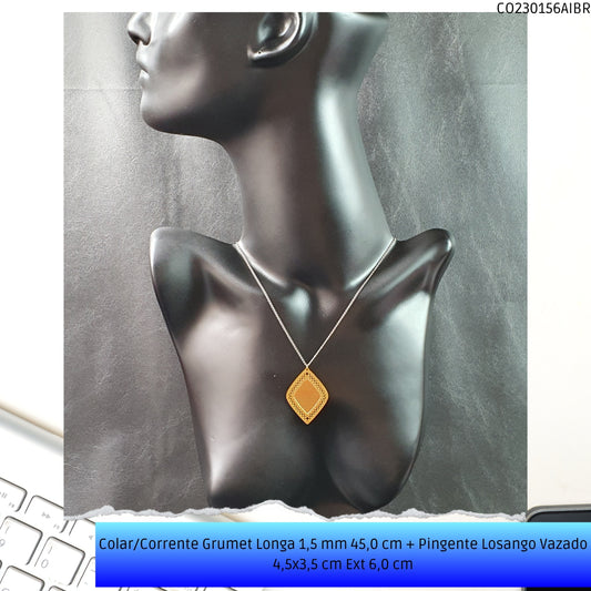 Colar/Corrente Grumet Longa 1.5 mm 45.0 cm + Pingente Losango Vazado 4.5x3.5 cm Ext 6.0 cm   - Código.: CO230156AIBR  - Peso.: 4.2 gr