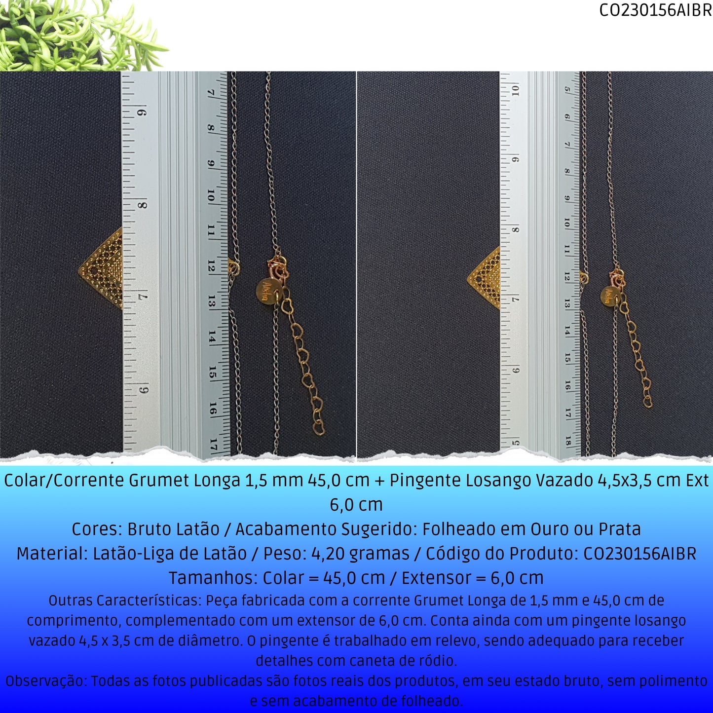 Colar/Corrente Grumet Longa 1.5 mm 45.0 cm + Pingente Losango Vazado 4.5x3.5 cm Ext 6.0 cm   - Código.: CO230156AIBR  - Peso.: 4.2 gr