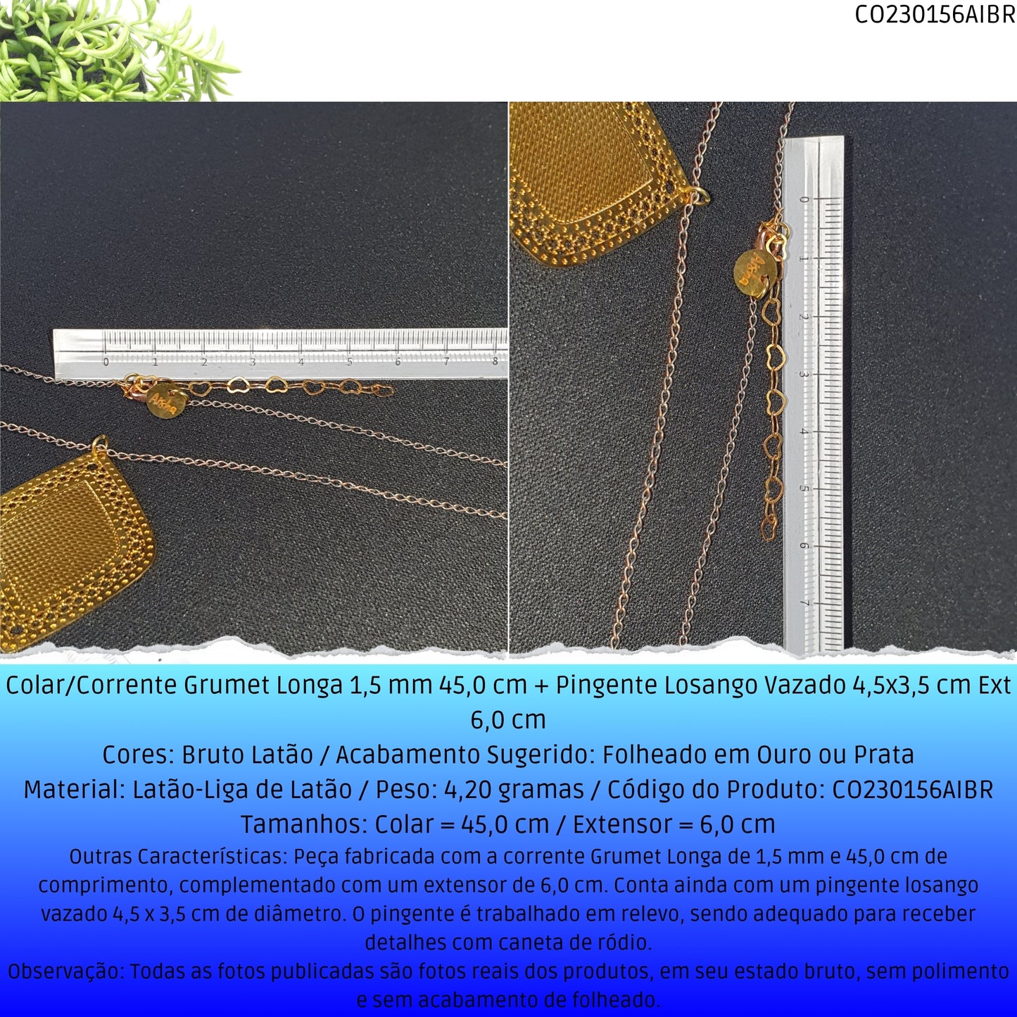 Colar/Corrente Grumet Longa 1.5 mm 45.0 cm + Pingente Losango Vazado 4.5x3.5 cm Ext 6.0 cm   - Código.: CO230156AIBR  - Peso.: 4.2 gr
