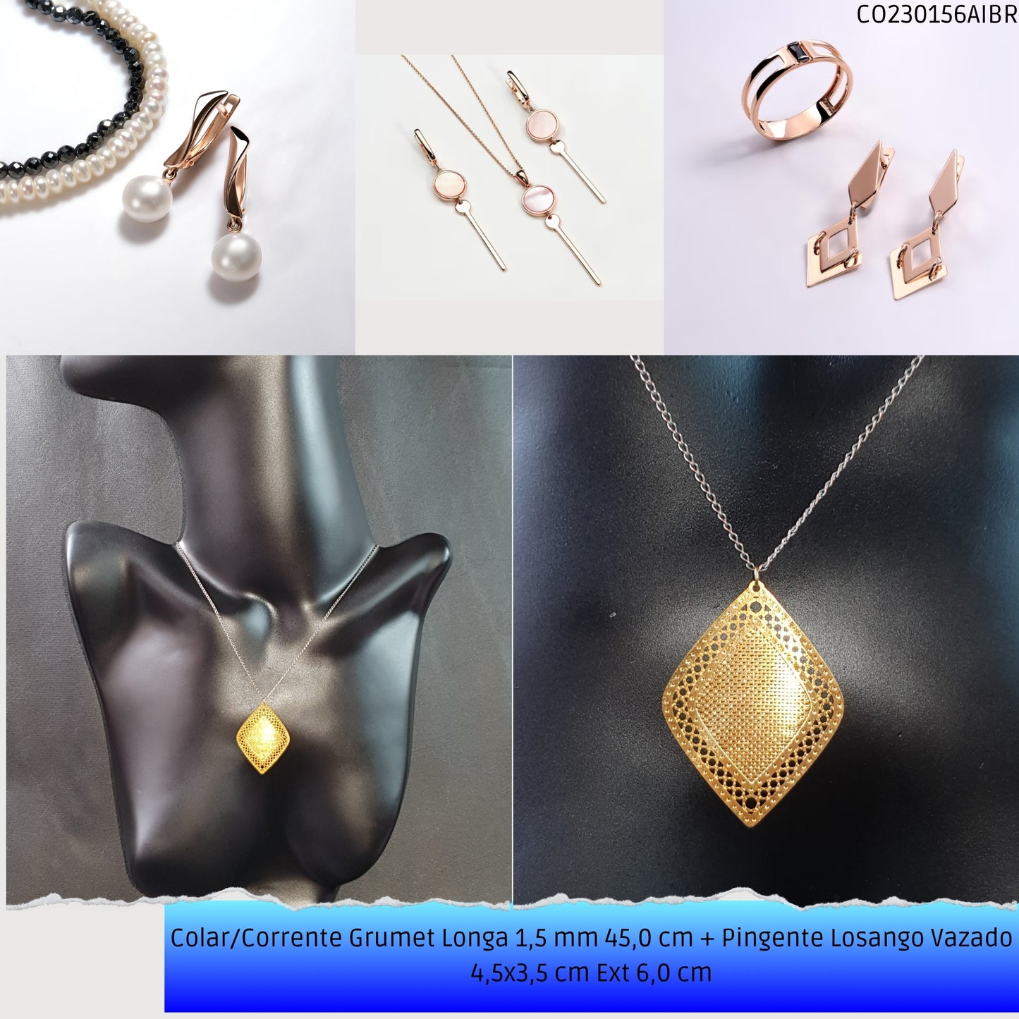 Colar/Corrente Grumet Longa 1.5 mm 45.0 cm + Pingente Losango Vazado 4.5x3.5 cm Ext 6.0 cm   - Código.: CO230156AIBR  - Peso.: 4.2 gr