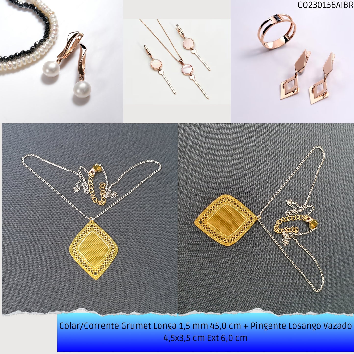 Colar/Corrente Grumet Longa 1.5 mm 45.0 cm + Pingente Losango Vazado 4.5x3.5 cm Ext 6.0 cm   - Código.: CO230156AIBR  - Peso.: 4.2 gr