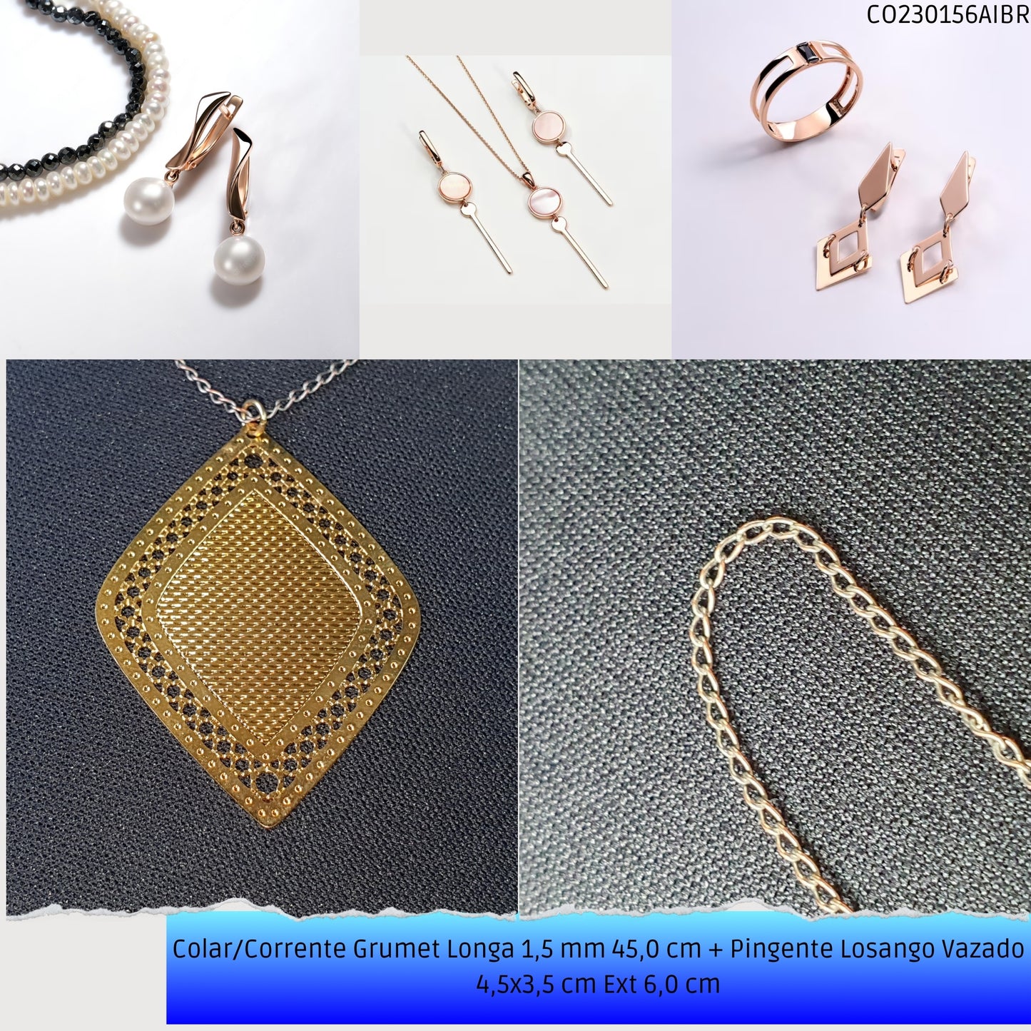 Colar/Corrente Grumet Longa 1.5 mm 45.0 cm + Pingente Losango Vazado 4.5x3.5 cm Ext 6.0 cm   - Código.: CO230156AIBR  - Peso.: 4.2 gr