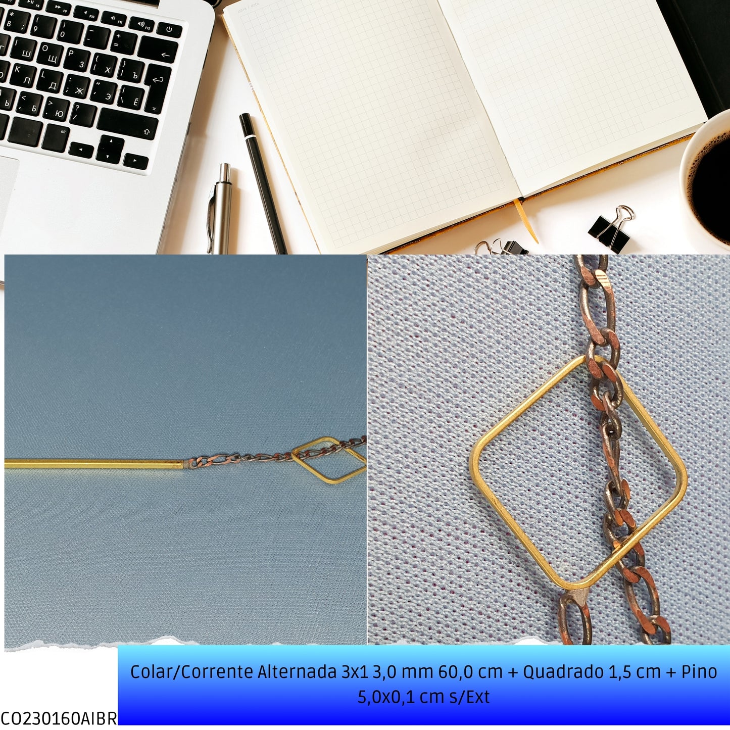Colar/Corrente Alternada 3x1 3.0 mm 60.0 cm + Quadrado 1.5 cm + Pino 5.0x0.1 cm s/Ext  - Código.: CO230160AIBR  - Peso.: 9.8 gr
