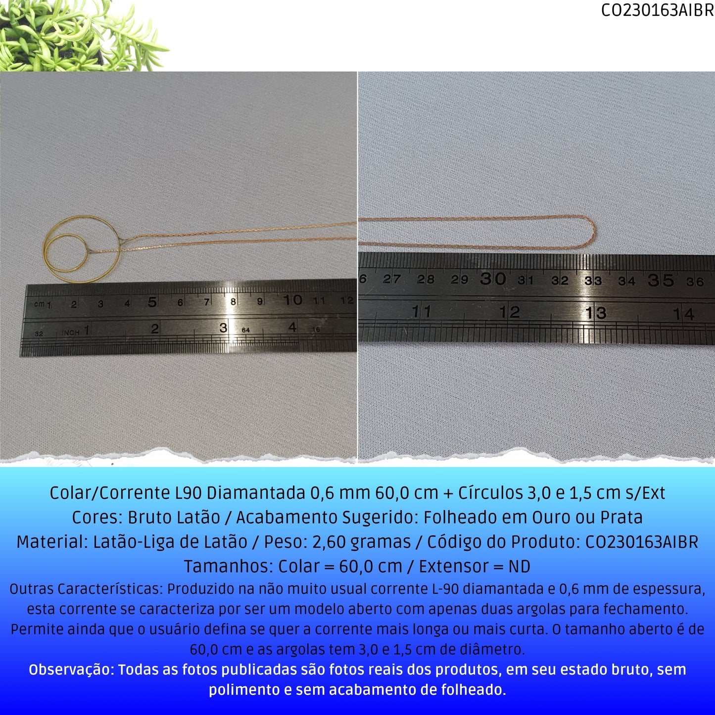 Colar/Corrente L90 Diamantada 0.6 mm 60.0 cm + Círculos 3.0 e 1.5 cm s/Ext  - Código.: CO230163AIBR  - Peso.: 2.5 gr