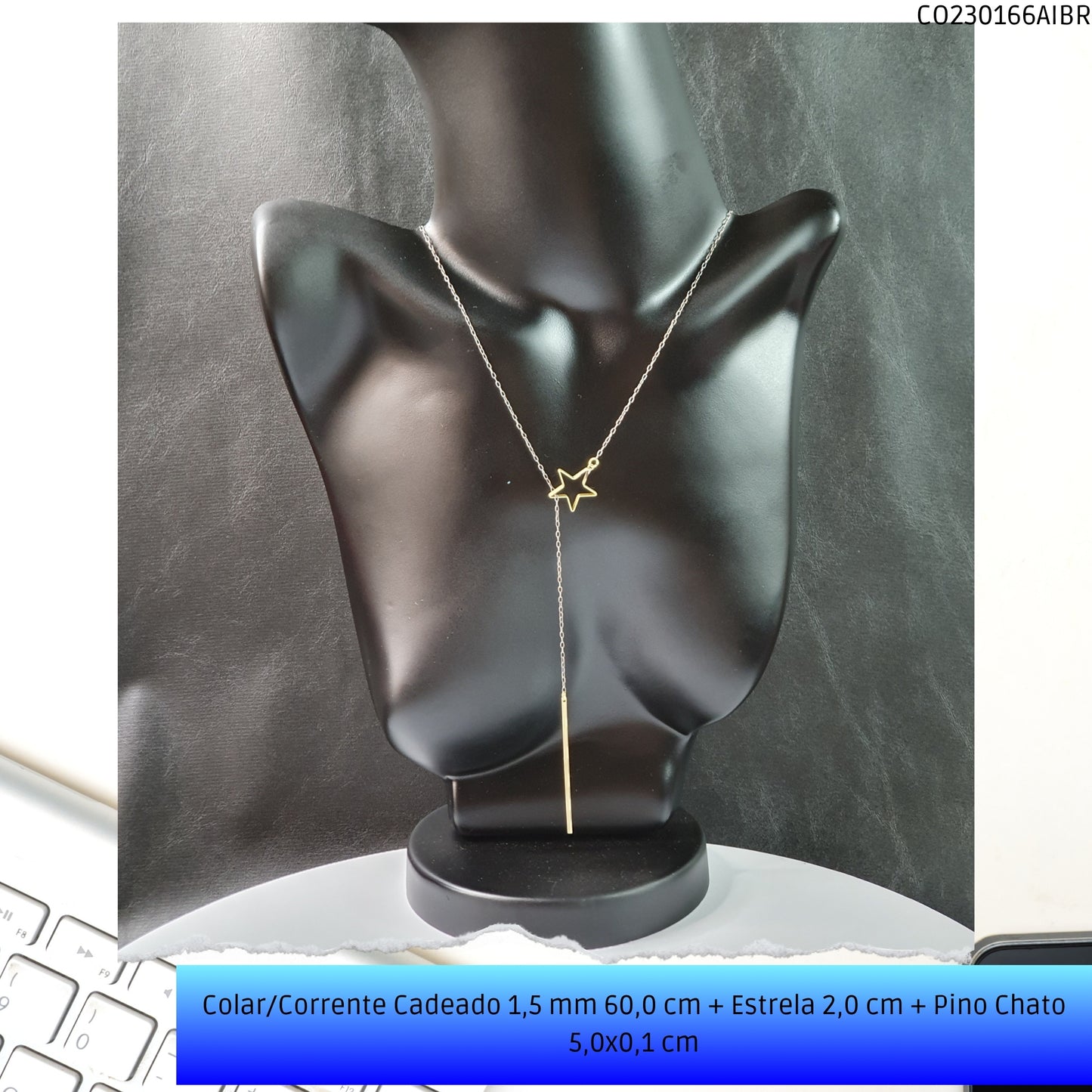 Colar/Corrente Cadeado 1.5 mm 60.0 cm + Estrela 2.0 cm + Pino Chato 5.0x0.1 cm   - Código.: CO230166AIBR  - Peso.: 3.4 gr