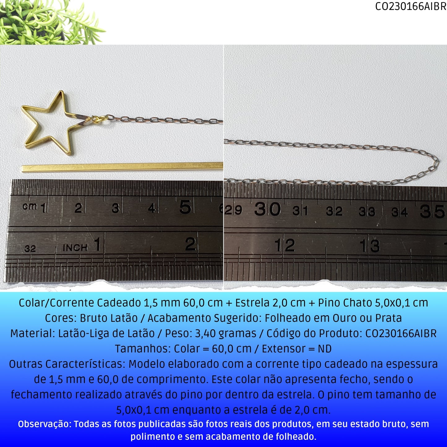 Colar/Corrente Cadeado 1.5 mm 60.0 cm + Estrela 2.0 cm + Pino Chato 5.0x0.1 cm   - Código.: CO230166AIBR  - Peso.: 3.4 gr