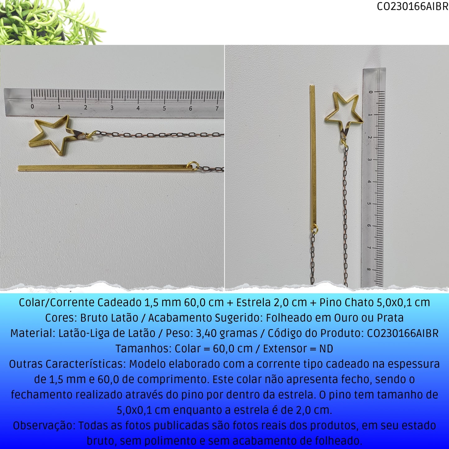 Colar/Corrente Cadeado 1.5 mm 60.0 cm + Estrela 2.0 cm + Pino Chato 5.0x0.1 cm   - Código.: CO230166AIBR  - Peso.: 3.4 gr