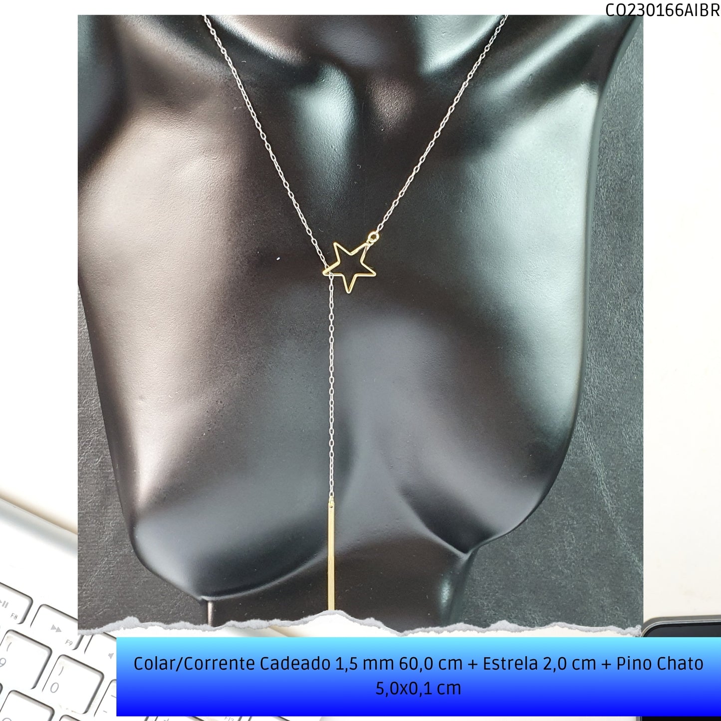 Colar/Corrente Cadeado 1.5 mm 60.0 cm + Estrela 2.0 cm + Pino Chato 5.0x0.1 cm   - Código.: CO230166AIBR  - Peso.: 3.4 gr