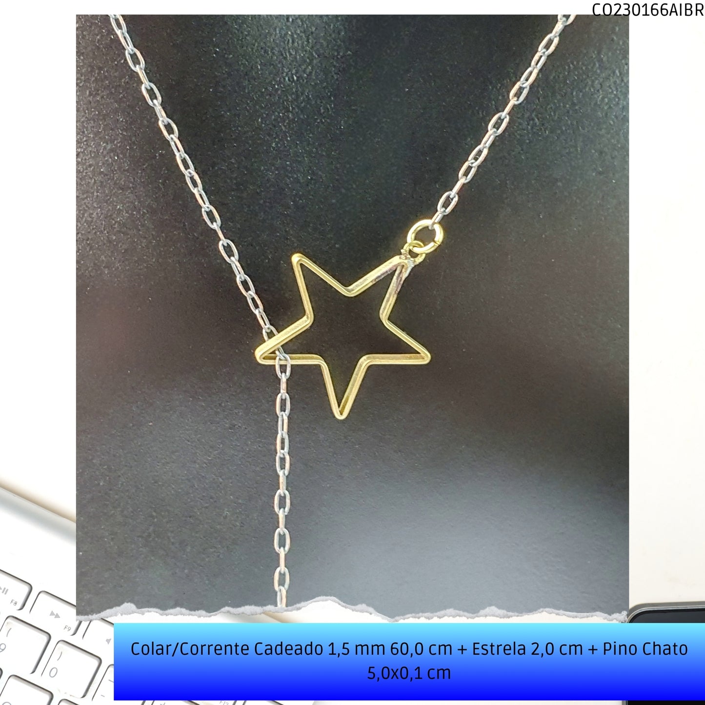 Colar/Corrente Cadeado 1.5 mm 60.0 cm + Estrela 2.0 cm + Pino Chato 5.0x0.1 cm   - Código.: CO230166AIBR  - Peso.: 3.4 gr