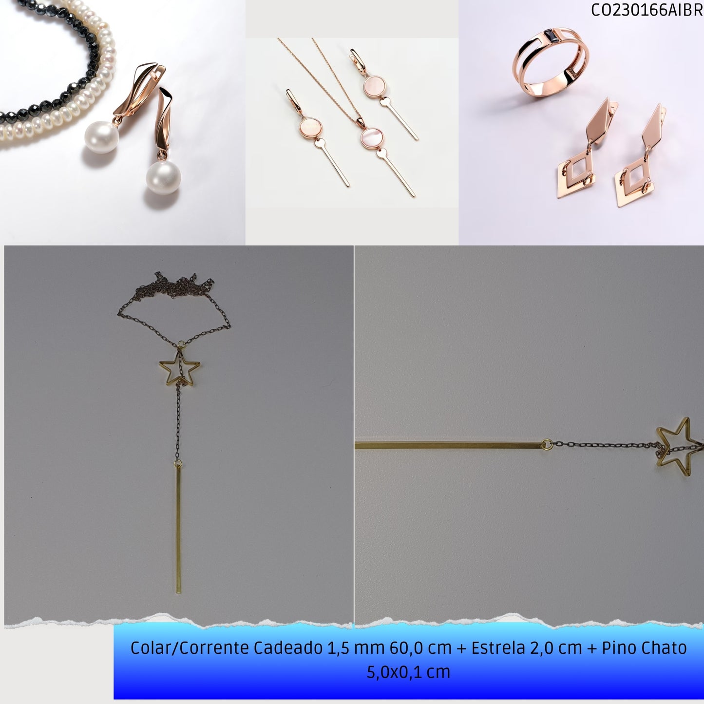 Colar/Corrente Cadeado 1.5 mm 60.0 cm + Estrela 2.0 cm + Pino Chato 5.0x0.1 cm   - Código.: CO230166AIBR  - Peso.: 3.4 gr