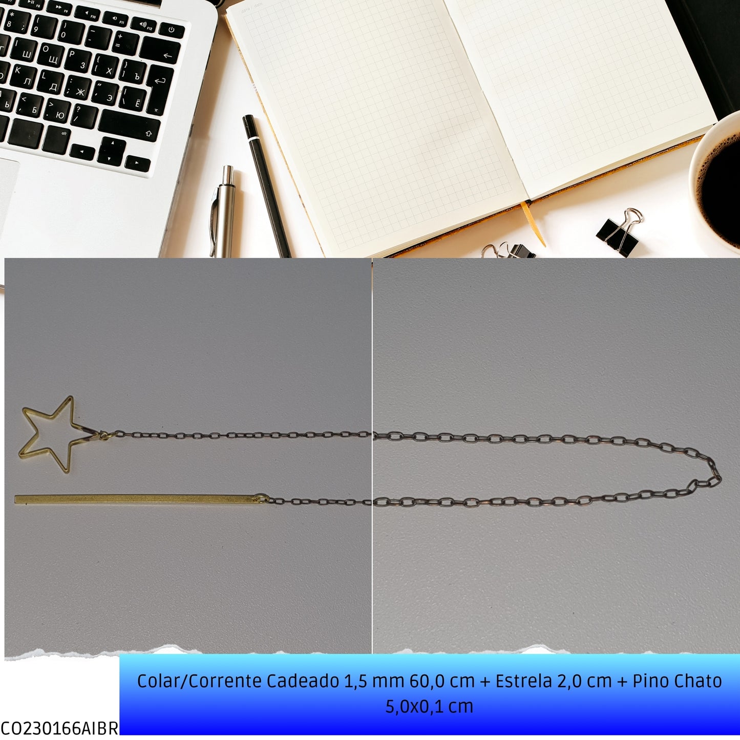 Colar/Corrente Cadeado 1.5 mm 60.0 cm + Estrela 2.0 cm + Pino Chato 5.0x0.1 cm   - Código.: CO230166AIBR  - Peso.: 3.4 gr