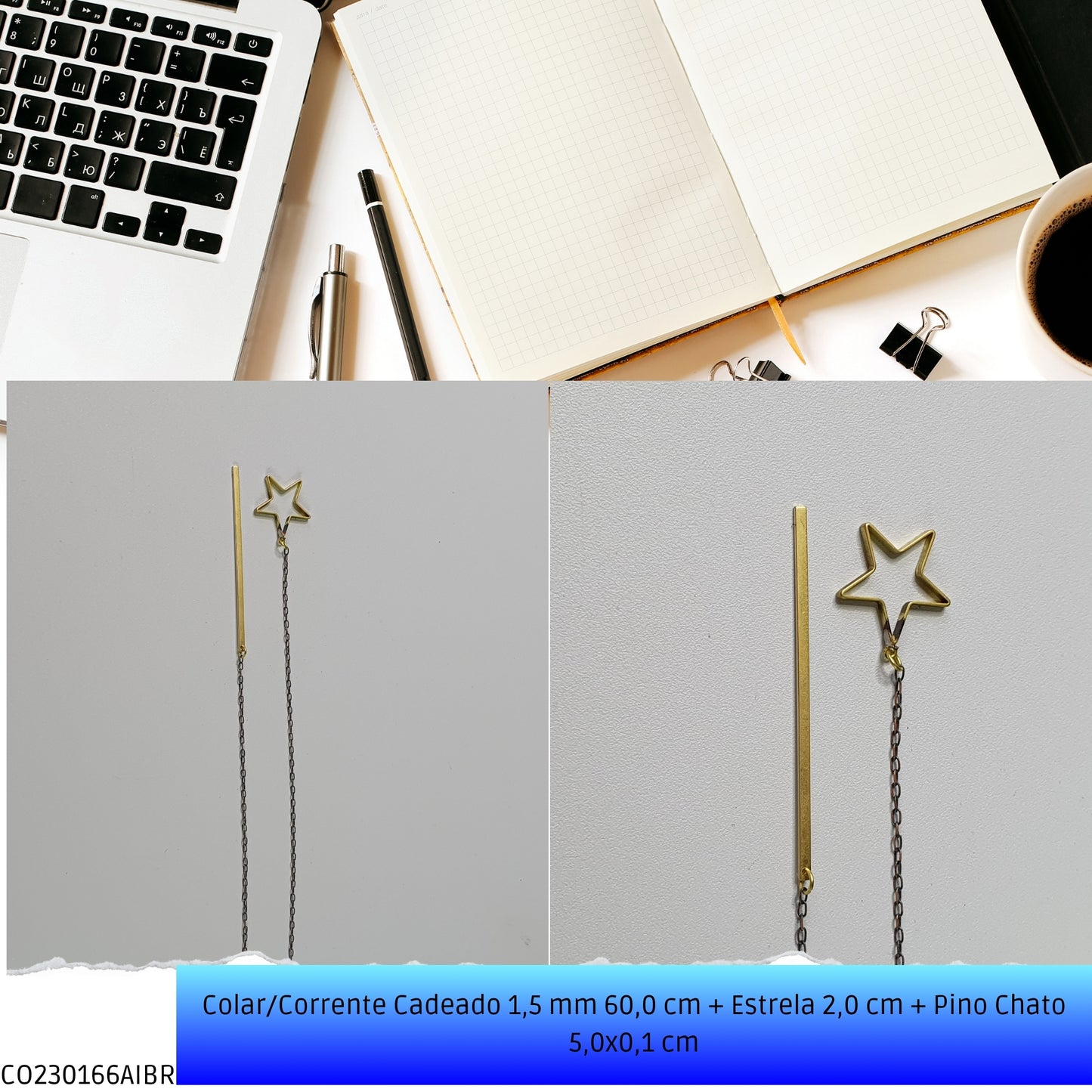 Colar/Corrente Cadeado 1.5 mm 60.0 cm + Estrela 2.0 cm + Pino Chato 5.0x0.1 cm   - Código.: CO230166AIBR  - Peso.: 3.4 gr