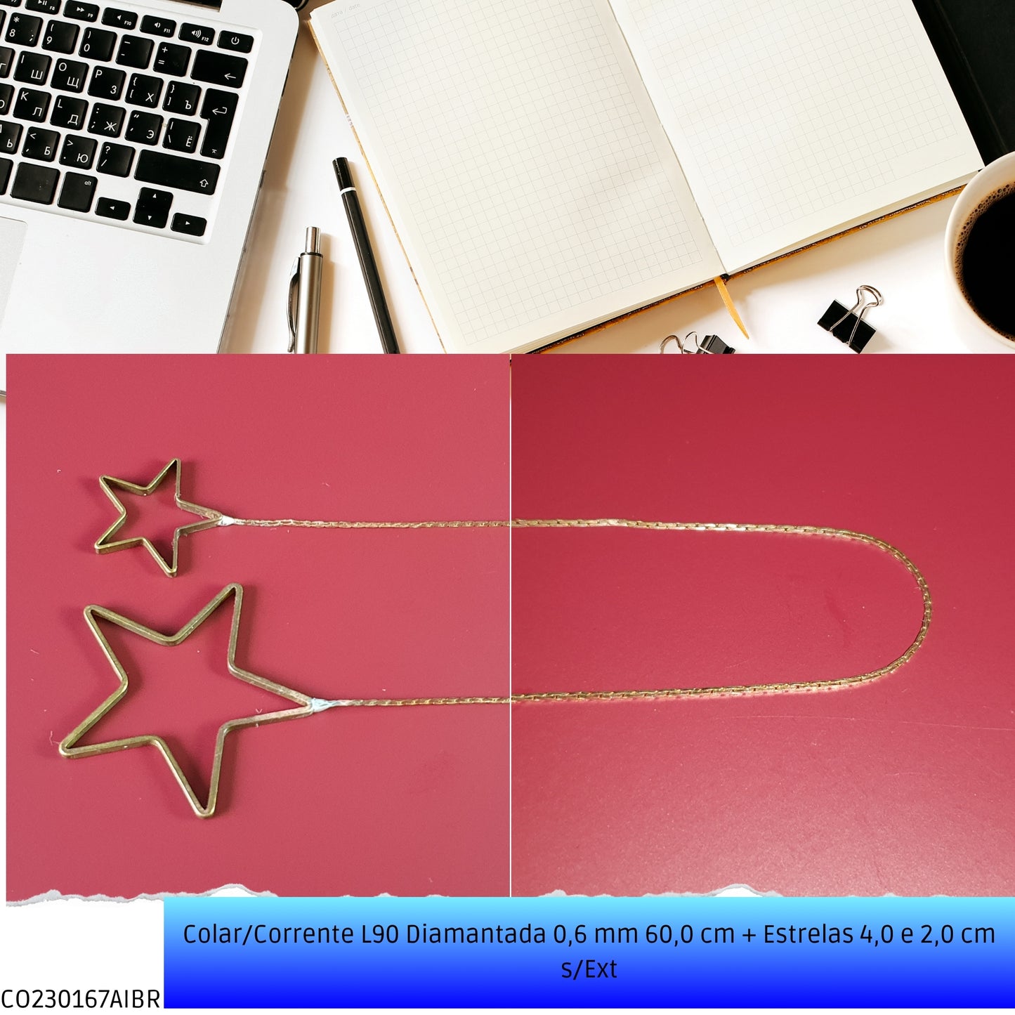 Colar/Corrente L90 Diamantada 0.6 mm 60.0 cm + Estrelas 4.0 2.0 cm s/Ext  - Código.: CO230167AIBR  - Peso.: 4.6 gr