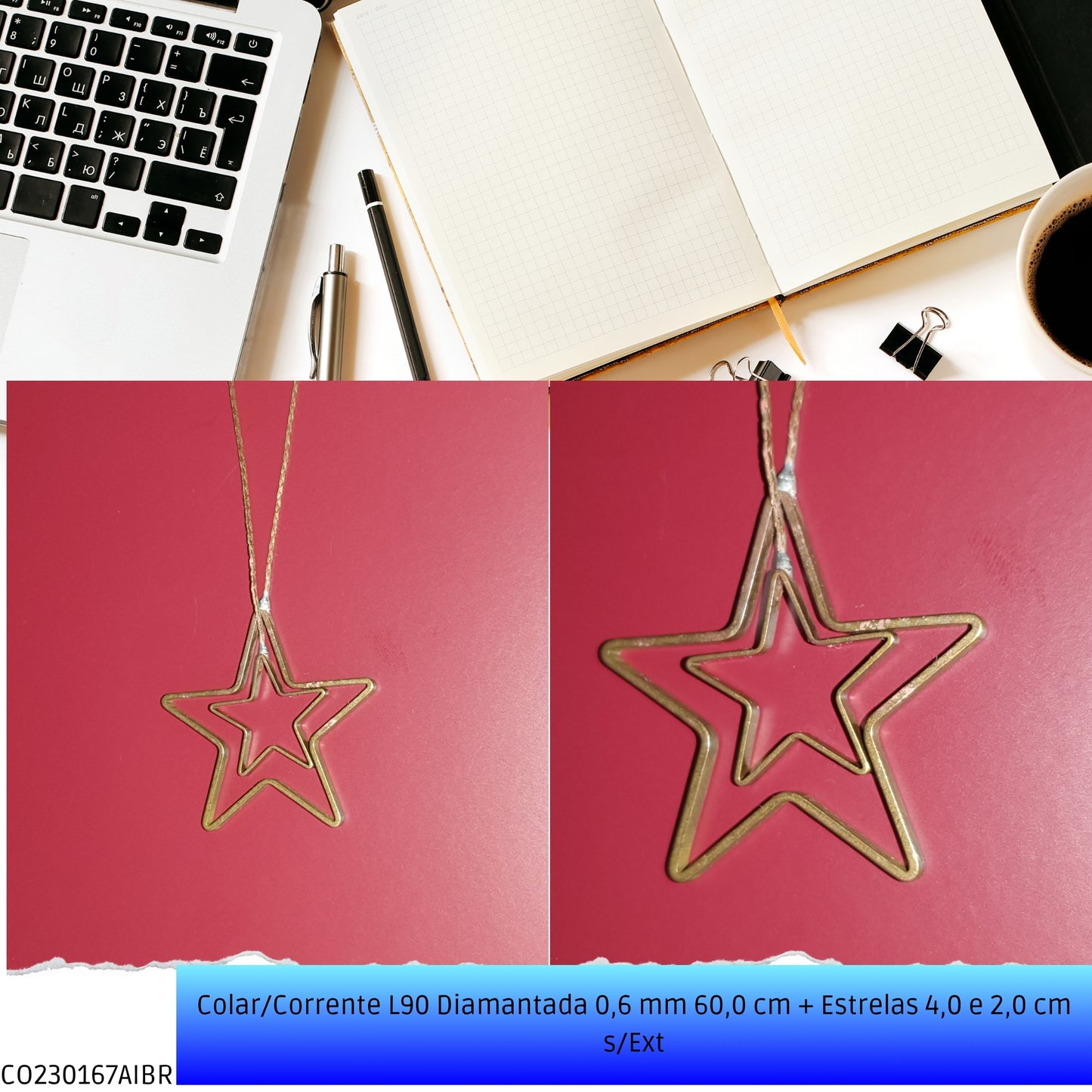Colar/Corrente L90 Diamantada 0.6 mm 60.0 cm + Estrelas 4.0 2.0 cm s/Ext  - Código.: CO230167AIBR  - Peso.: 4.6 gr