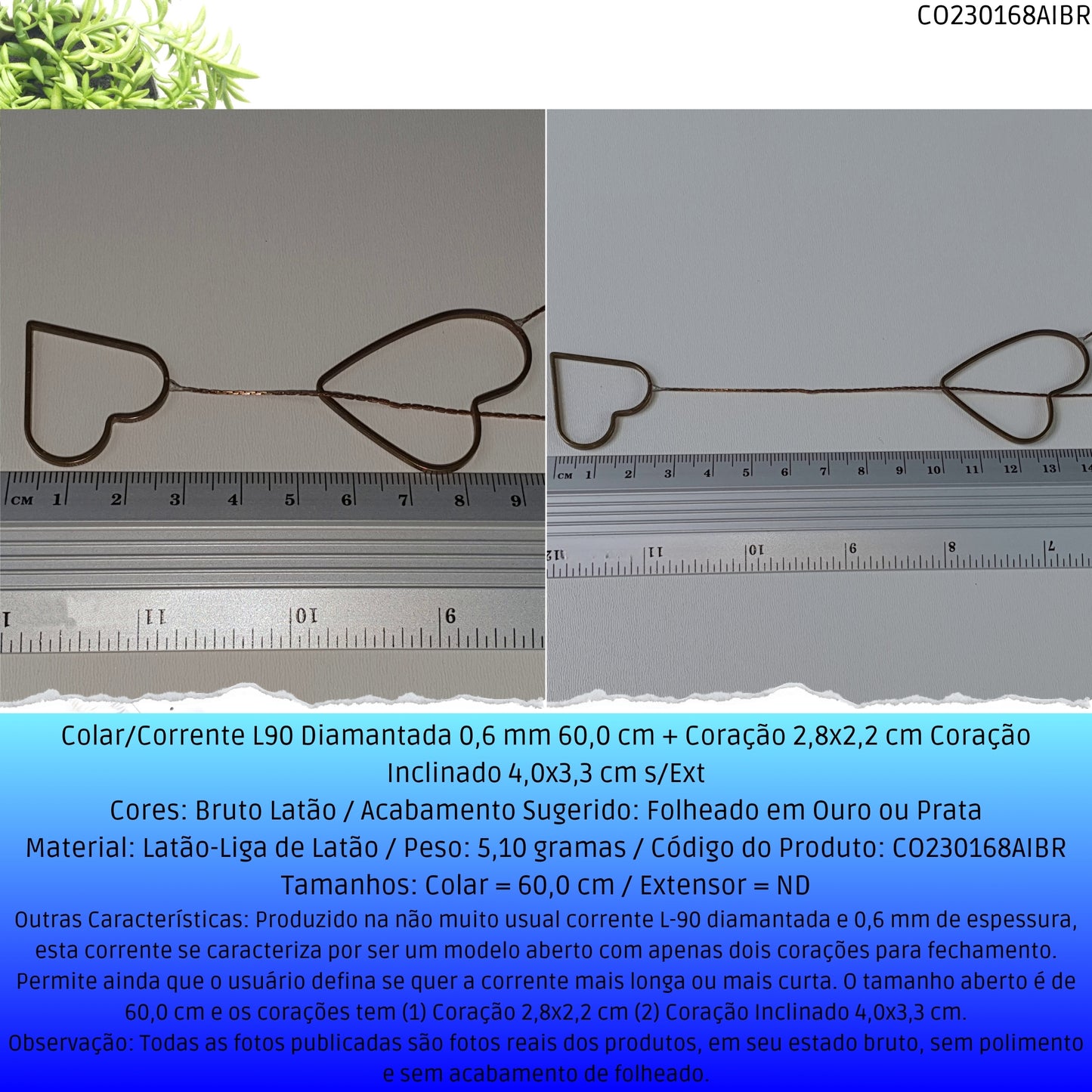 Colar/Corrente L90 Diamantada 0.6 mm 60.0 cm + Coração 2.8x2.2 cm Coração Inclinado 4.0x3.3 cm s/Ext  - Código.: CO230168AIBR  - Peso.: 5.1 gr