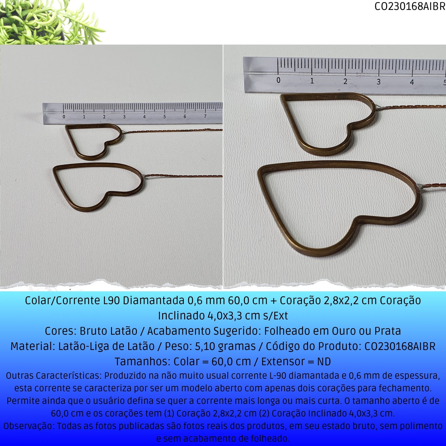 Colar/Corrente L90 Diamantada 0.6 mm 60.0 cm + Coração 2.8x2.2 cm Coração Inclinado 4.0x3.3 cm s/Ext  - Código.: CO230168AIBR  - Peso.: 5.1 gr