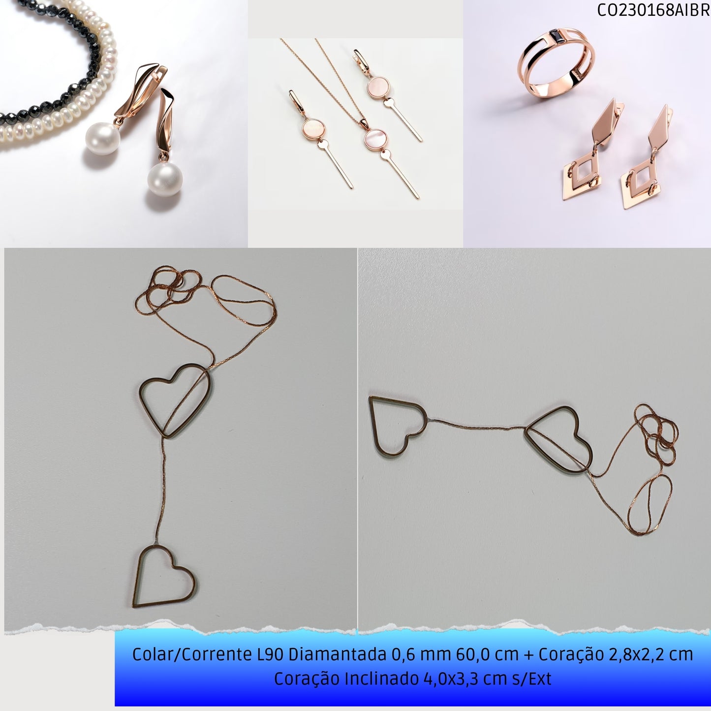 Colar/Corrente L90 Diamantada 0.6 mm 60.0 cm + Coração 2.8x2.2 cm Coração Inclinado 4.0x3.3 cm s/Ext  - Código.: CO230168AIBR  - Peso.: 5.1 gr