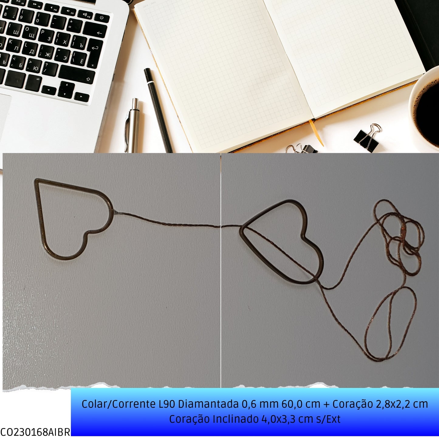 Colar/Corrente L90 Diamantada 0.6 mm 60.0 cm + Coração 2.8x2.2 cm Coração Inclinado 4.0x3.3 cm s/Ext  - Código.: CO230168AIBR  - Peso.: 5.1 gr