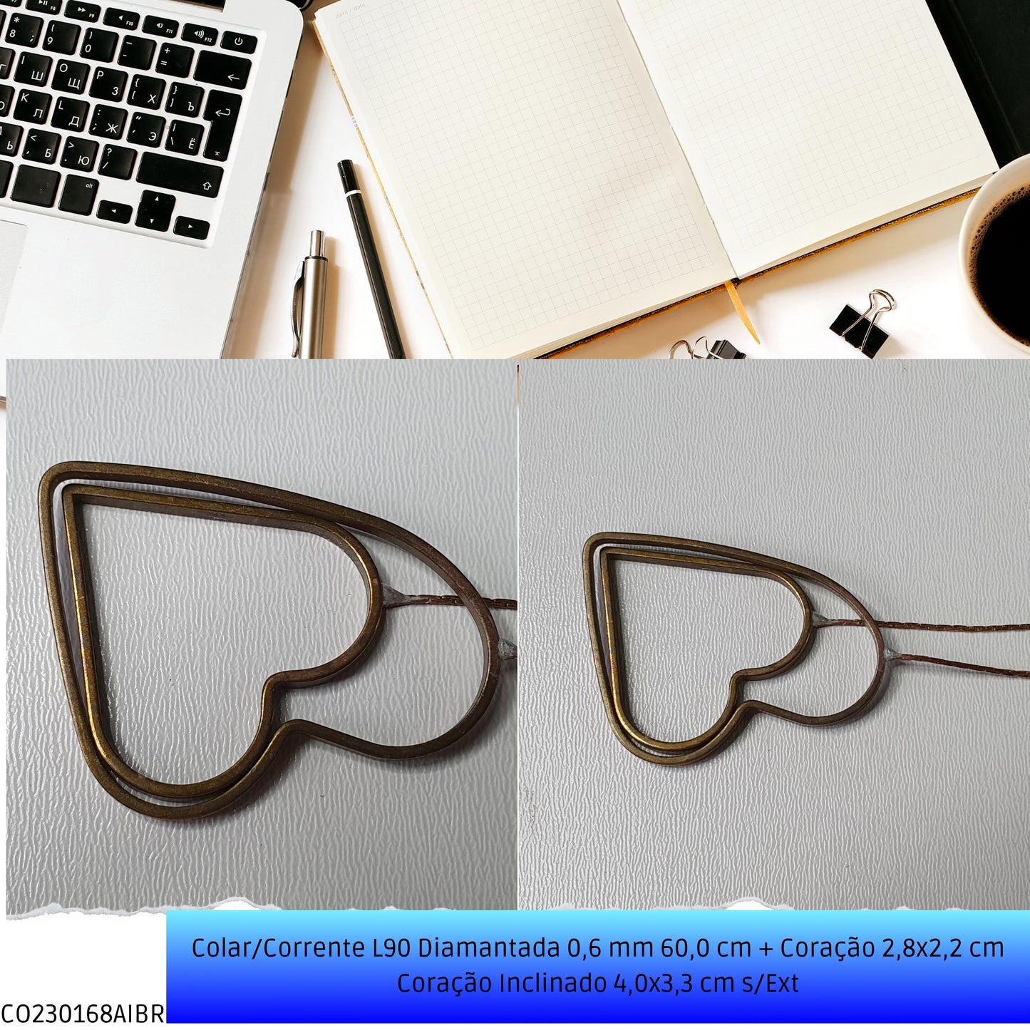 Colar/Corrente L90 Diamantada 0.6 mm 60.0 cm + Coração 2.8x2.2 cm Coração Inclinado 4.0x3.3 cm s/Ext  - Código.: CO230168AIBR  - Peso.: 5.1 gr