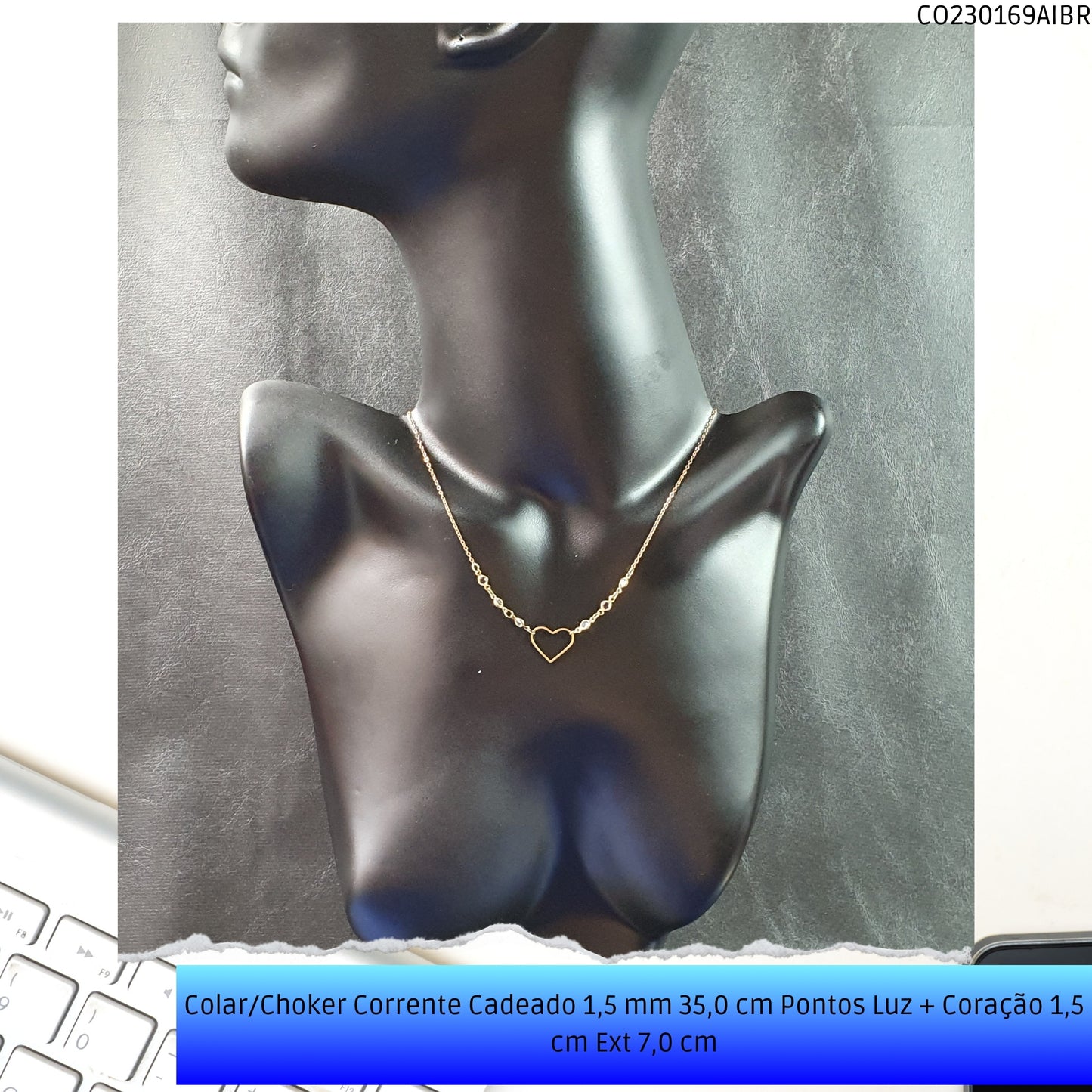 Colar/Choker Corrente Cadeado 1.5 mm 35.0 cm Pontos Luz + Coração 1.5 cm Ext 7.0 cm  - Código.: CO230169AIBR  - Peso.: 2.3 gr