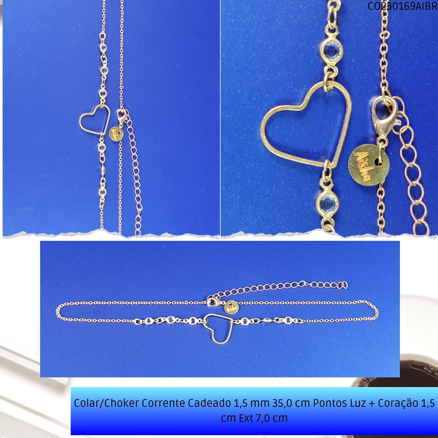 Colar/Choker Corrente Cadeado 1.5 mm 35.0 cm Pontos Luz + Coração 1.5 cm Ext 7.0 cm  - Código.: CO230169AIBR  - Peso.: 2.3 gr