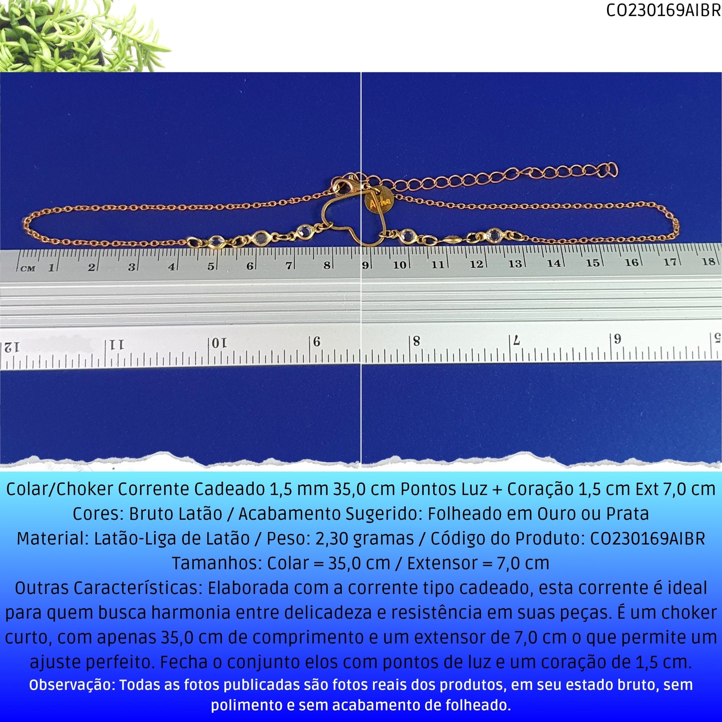 Colar/Choker Corrente Cadeado 1.5 mm 35.0 cm Pontos Luz + Coração 1.5 cm Ext 7.0 cm  - Código.: CO230169AIBR  - Peso.: 2.3 gr