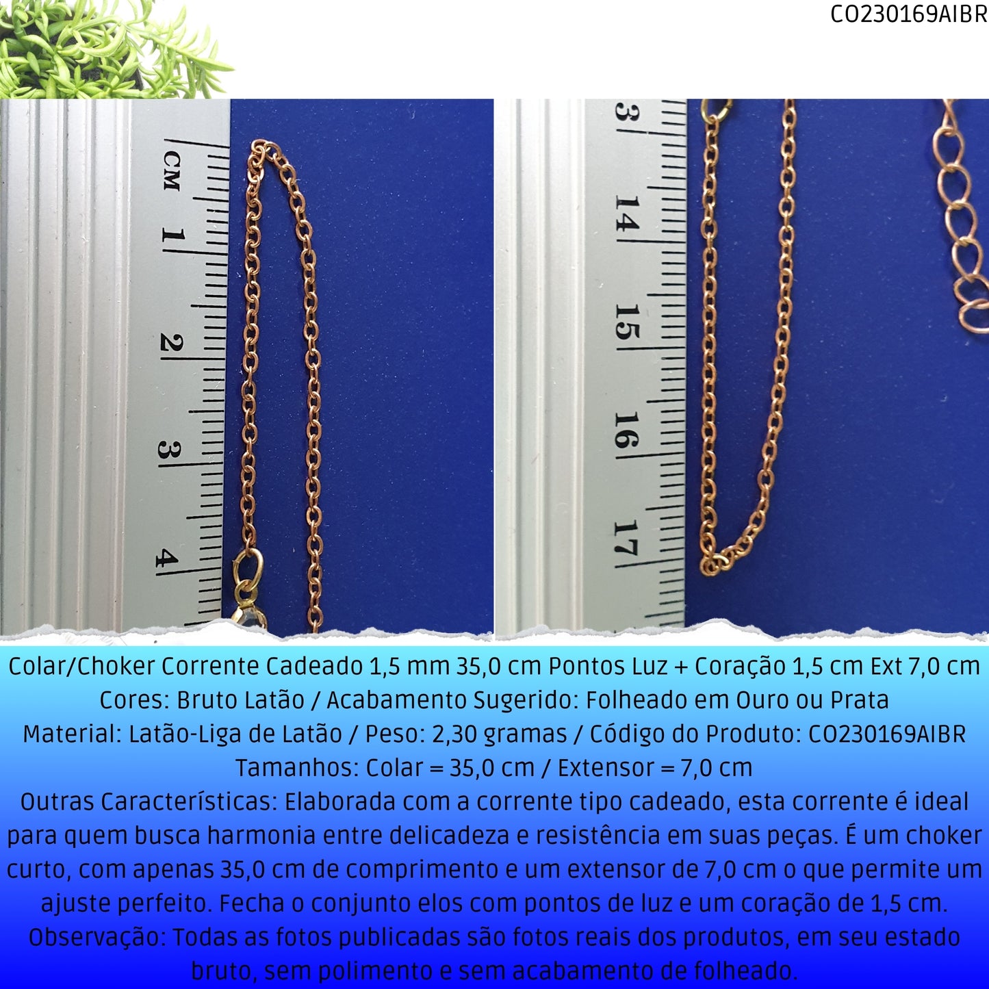 Colar/Choker Corrente Cadeado 1.5 mm 35.0 cm Pontos Luz + Coração 1.5 cm Ext 7.0 cm  - Código.: CO230169AIBR  - Peso.: 2.3 gr