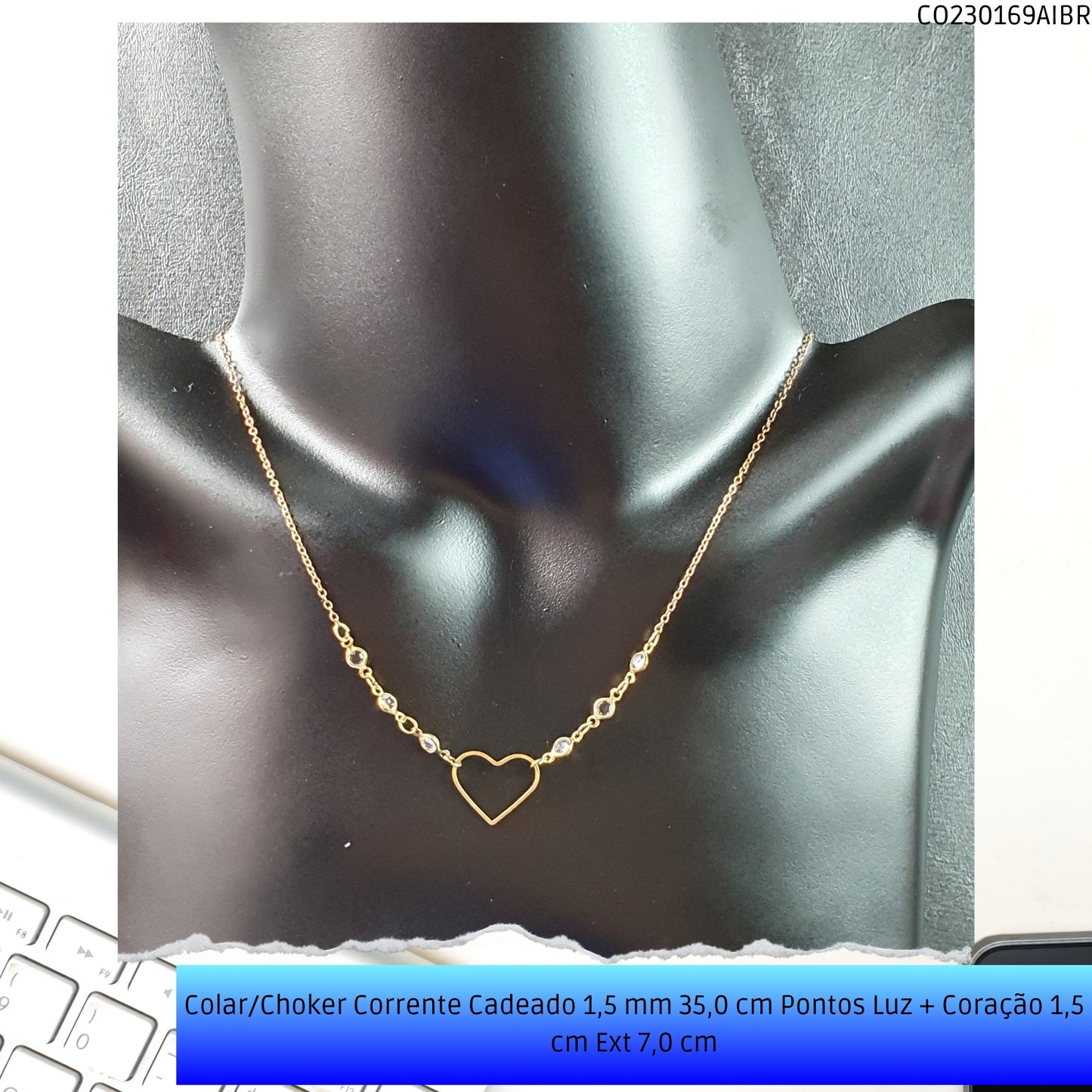Colar/Choker Corrente Cadeado 1.5 mm 35.0 cm Pontos Luz + Coração 1.5 cm Ext 7.0 cm  - Código.: CO230169AIBR  - Peso.: 2.3 gr