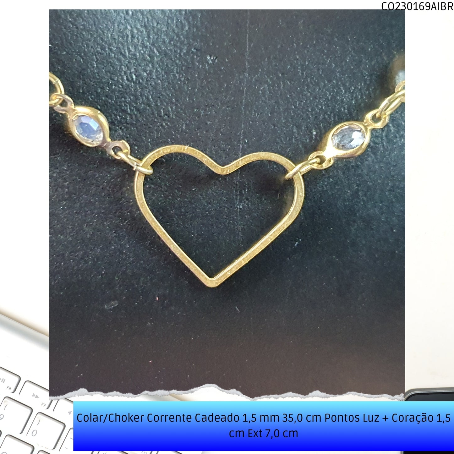 Colar/Choker Corrente Cadeado 1.5 mm 35.0 cm Pontos Luz + Coração 1.5 cm Ext 7.0 cm  - Código.: CO230169AIBR  - Peso.: 2.3 gr