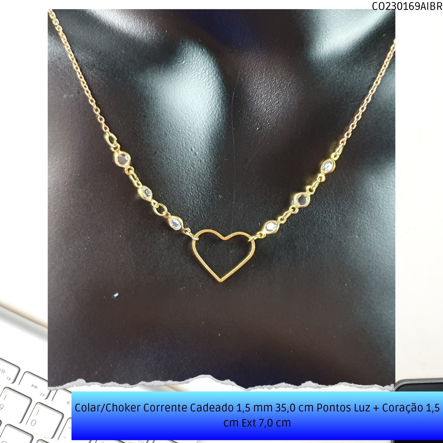 Colar/Choker Corrente Cadeado 1.5 mm 35.0 cm Pontos Luz + Coração 1.5 cm Ext 7.0 cm  - Código.: CO230169AIBR  - Peso.: 2.3 gr