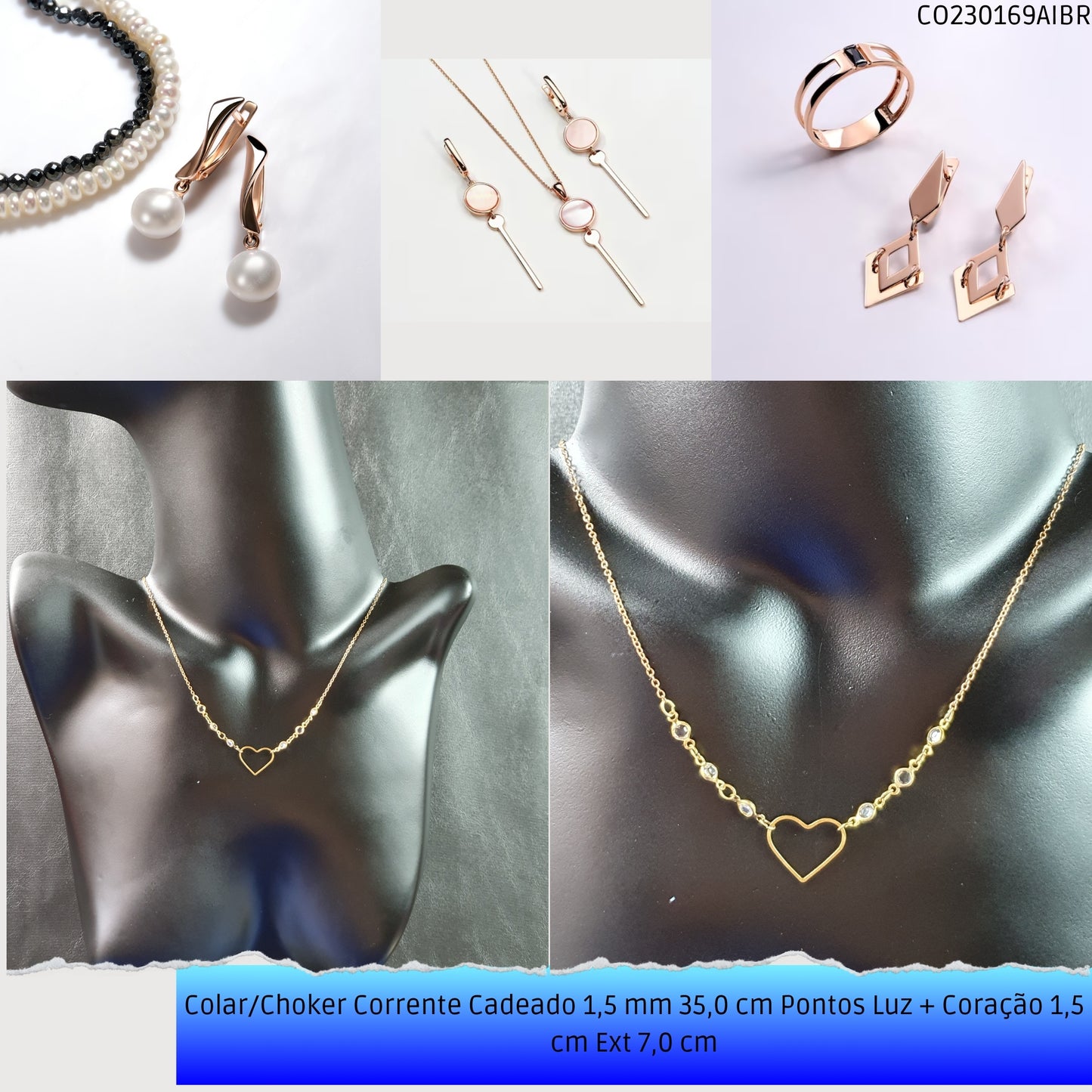 Colar/Choker Corrente Cadeado 1.5 mm 35.0 cm Pontos Luz + Coração 1.5 cm Ext 7.0 cm  - Código.: CO230169AIBR  - Peso.: 2.3 gr