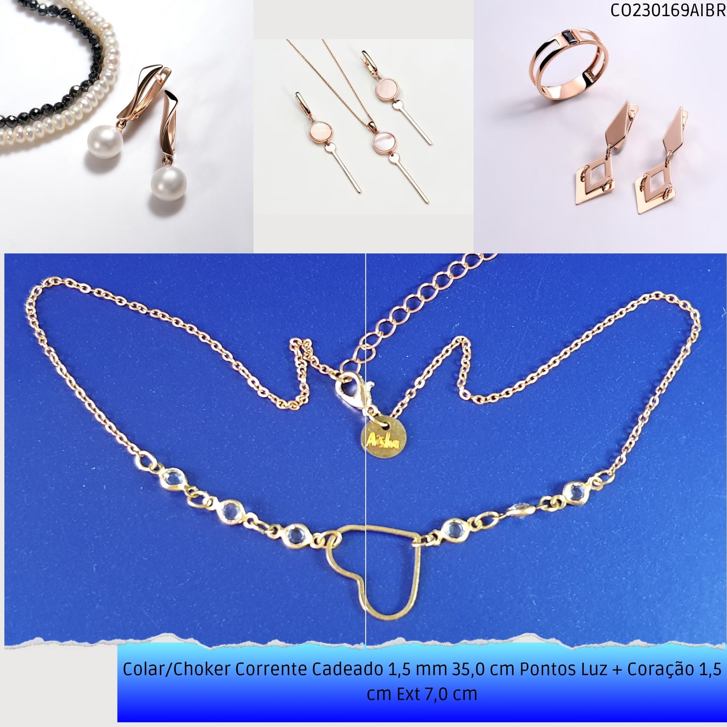 Colar/Choker Corrente Cadeado 1.5 mm 35.0 cm Pontos Luz + Coração 1.5 cm Ext 7.0 cm  - Código.: CO230169AIBR  - Peso.: 2.3 gr
