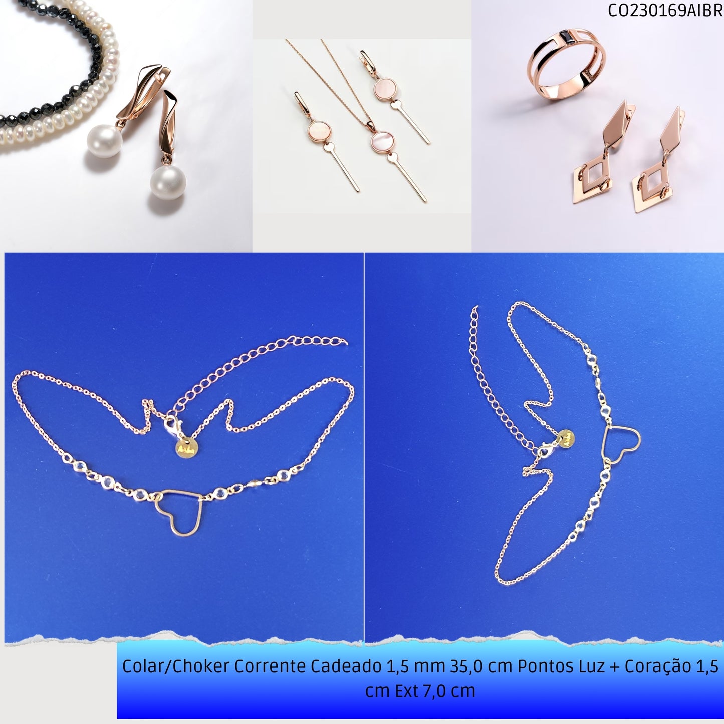Colar/Choker Corrente Cadeado 1.5 mm 35.0 cm Pontos Luz + Coração 1.5 cm Ext 7.0 cm  - Código.: CO230169AIBR  - Peso.: 2.3 gr