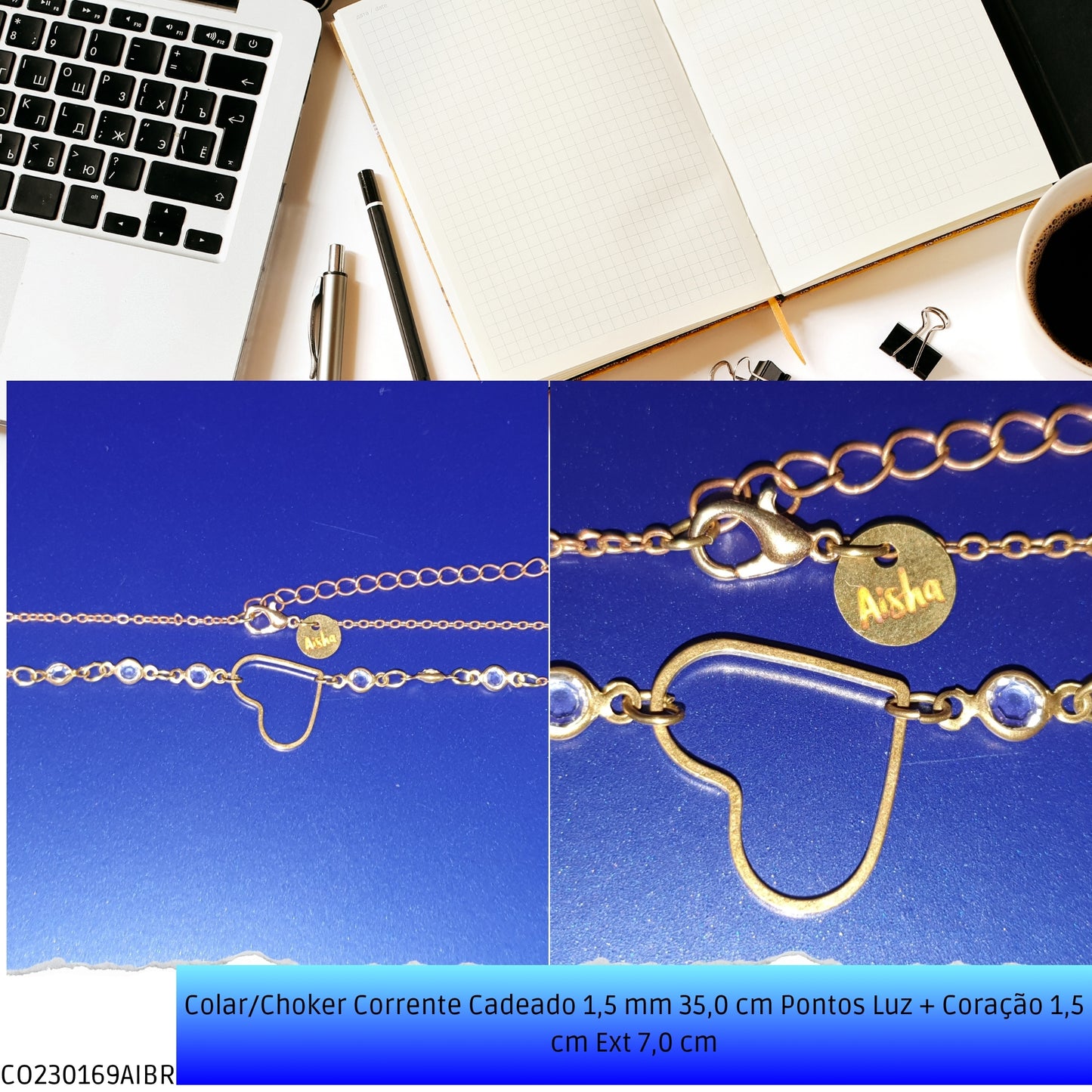 Colar/Choker Corrente Cadeado 1.5 mm 35.0 cm Pontos Luz + Coração 1.5 cm Ext 7.0 cm  - Código.: CO230169AIBR  - Peso.: 2.3 gr