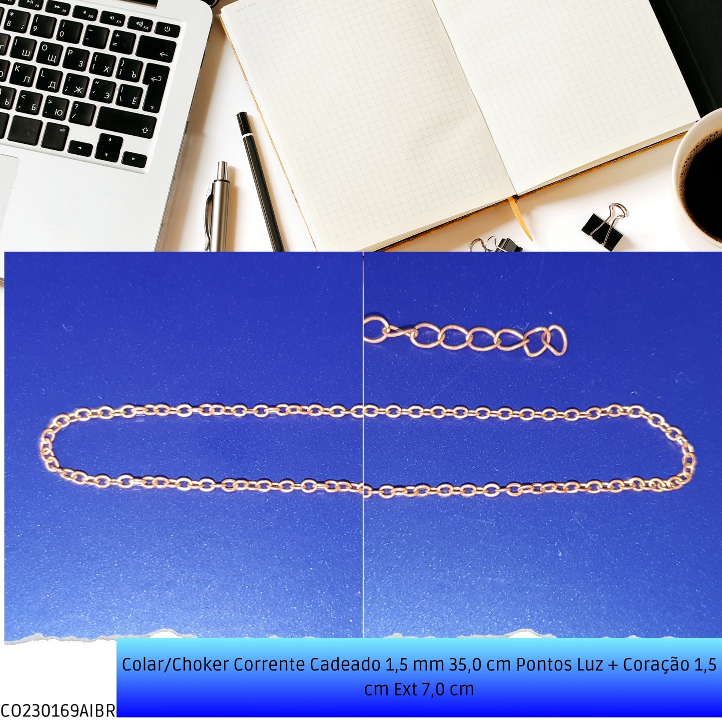 Colar/Choker Corrente Cadeado 1.5 mm 35.0 cm Pontos Luz + Coração 1.5 cm Ext 7.0 cm  - Código.: CO230169AIBR  - Peso.: 2.3 gr