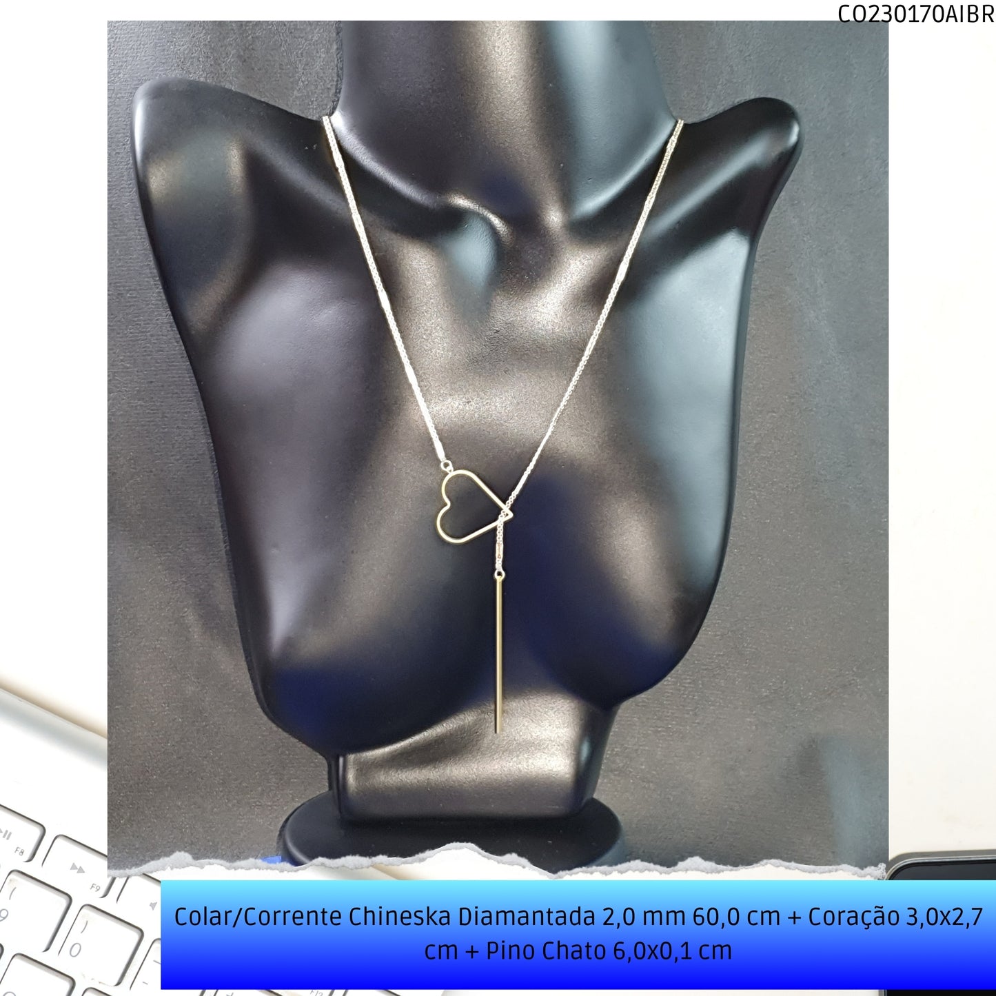 Colar/Corrente Chineska Diamantada 2.0 mm 60.0 cm + Coração 3.0x2.7 cm + Pino Chato 6.0x0.1 cm   - Código.: CO230170AIBR  - Peso.: 6.5 gr