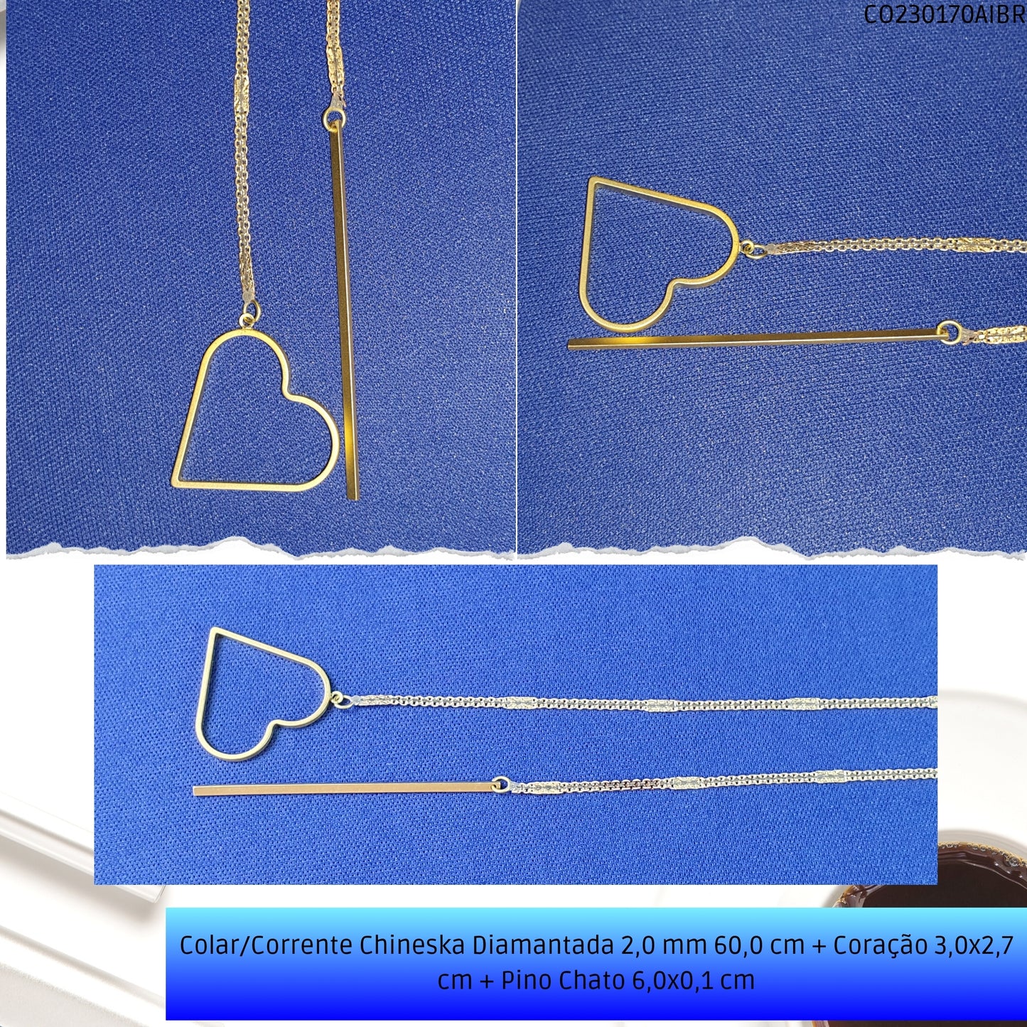 Colar/Corrente Chineska Diamantada 2.0 mm 60.0 cm + Coração 3.0x2.7 cm + Pino Chato 6.0x0.1 cm   - Código.: CO230170AIBR  - Peso.: 6.5 gr