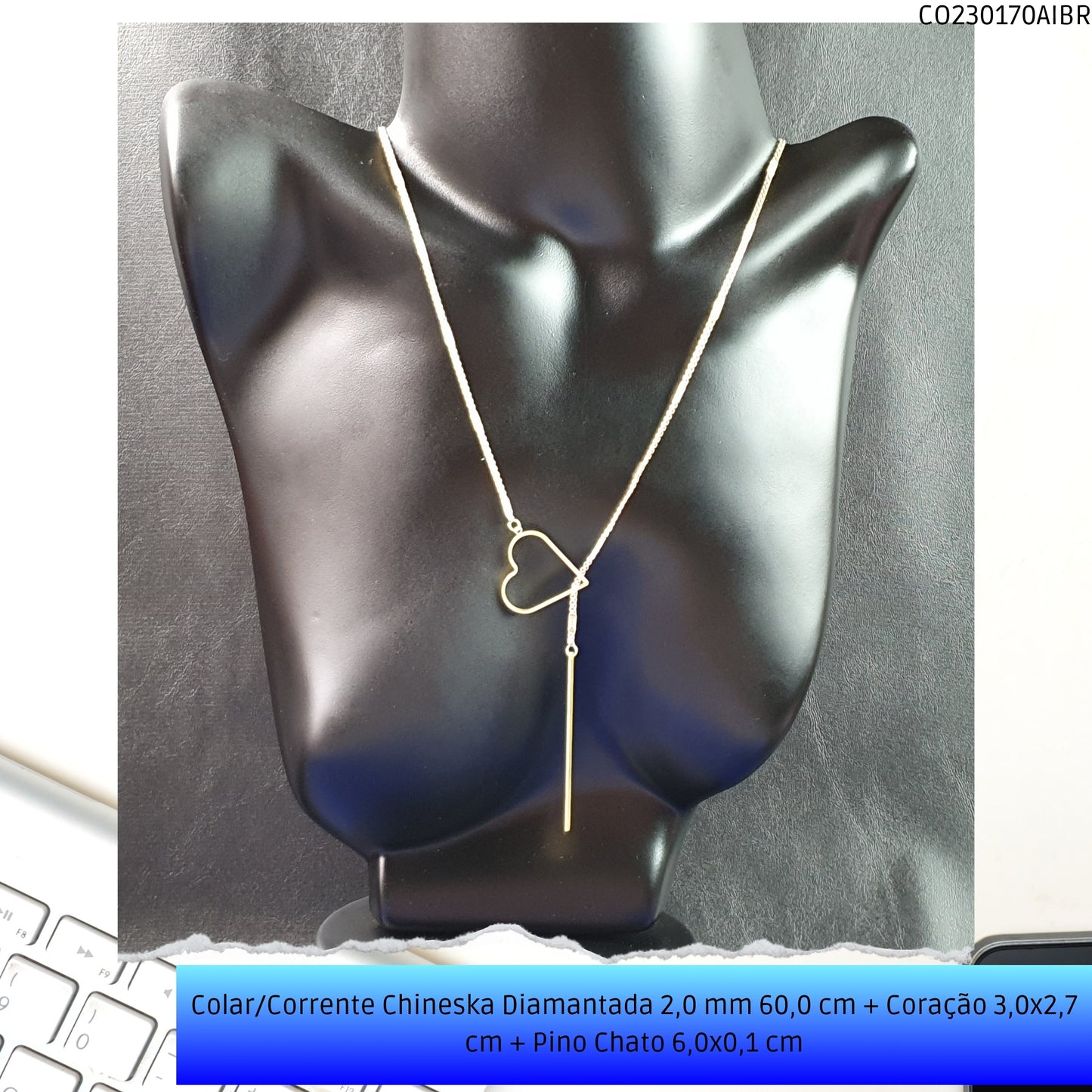 Colar/Corrente Chineska Diamantada 2.0 mm 60.0 cm + Coração 3.0x2.7 cm + Pino Chato 6.0x0.1 cm   - Código.: CO230170AIBR  - Peso.: 6.5 gr
