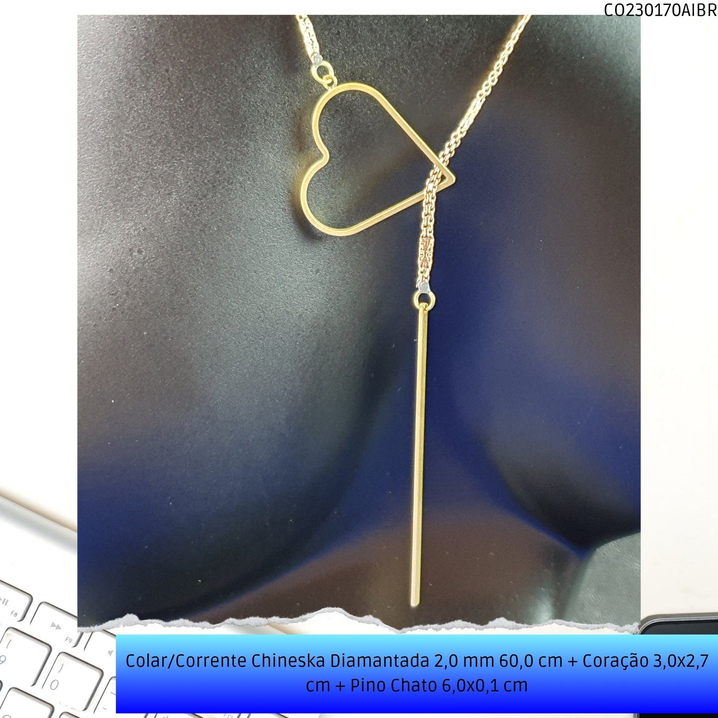 Colar/Corrente Chineska Diamantada 2.0 mm 60.0 cm + Coração 3.0x2.7 cm + Pino Chato 6.0x0.1 cm   - Código.: CO230170AIBR  - Peso.: 6.5 gr