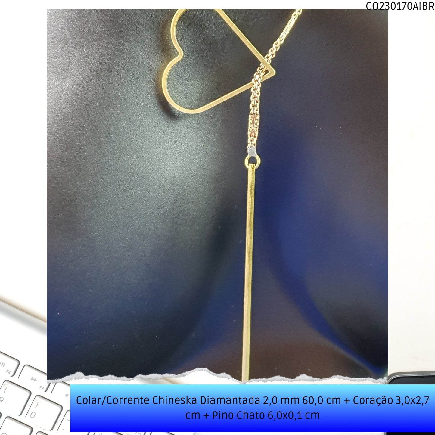 Colar/Corrente Chineska Diamantada 2.0 mm 60.0 cm + Coração 3.0x2.7 cm + Pino Chato 6.0x0.1 cm   - Código.: CO230170AIBR  - Peso.: 6.5 gr