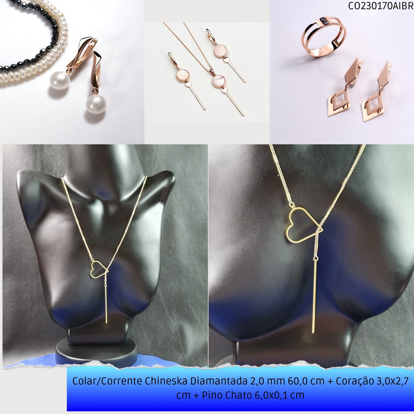 Colar/Corrente Chineska Diamantada 2.0 mm 60.0 cm + Coração 3.0x2.7 cm + Pino Chato 6.0x0.1 cm   - Código.: CO230170AIBR  - Peso.: 6.5 gr