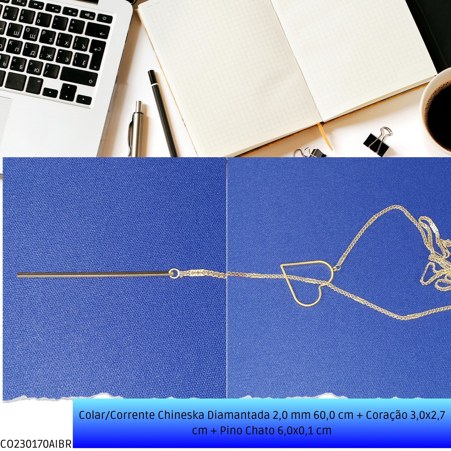 Colar/Corrente Chineska Diamantada 2.0 mm 60.0 cm + Coração 3.0x2.7 cm + Pino Chato 6.0x0.1 cm   - Código.: CO230170AIBR  - Peso.: 6.5 gr