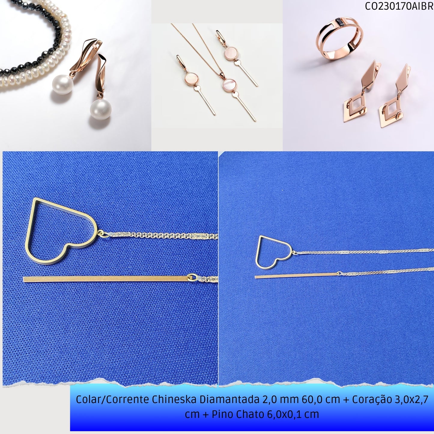 Colar/Corrente Chineska Diamantada 2.0 mm 60.0 cm + Coração 3.0x2.7 cm + Pino Chato 6.0x0.1 cm   - Código.: CO230170AIBR  - Peso.: 6.5 gr