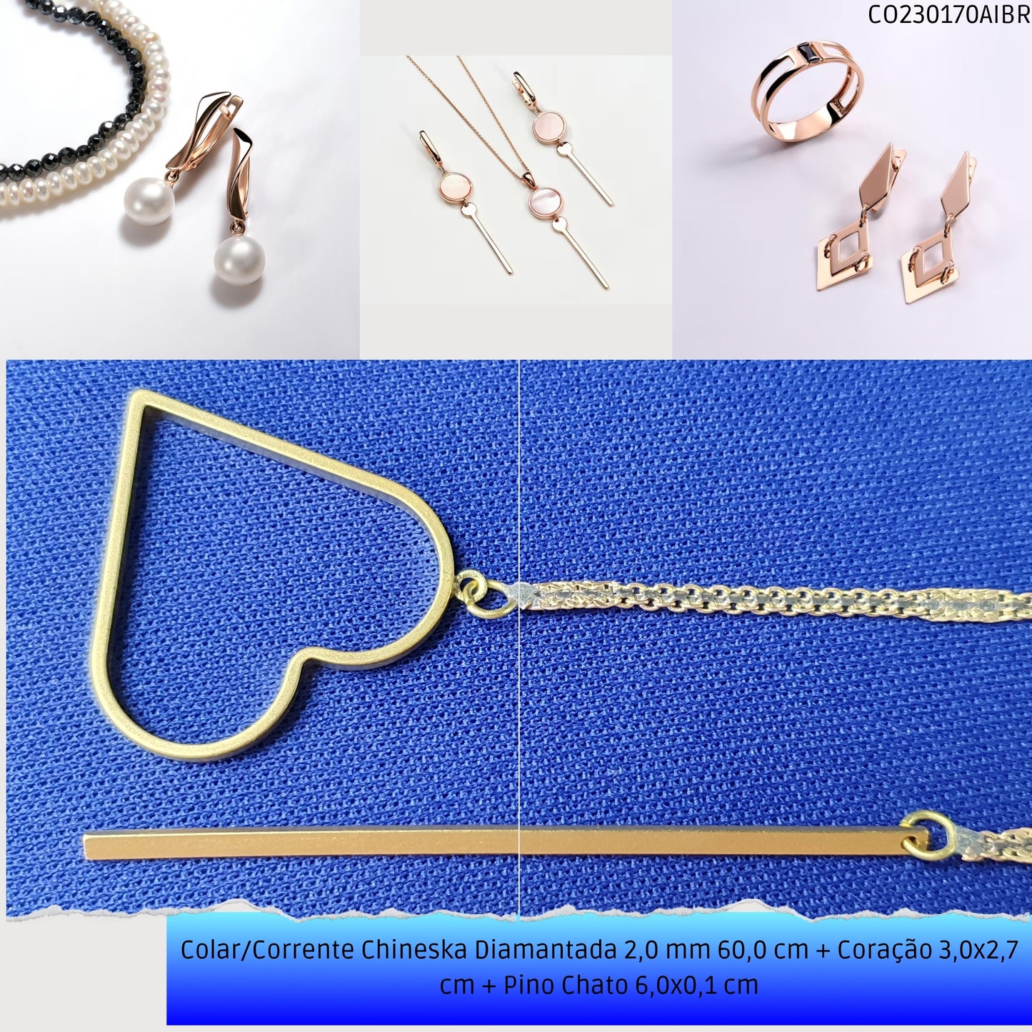 Colar/Corrente Chineska Diamantada 2.0 mm 60.0 cm + Coração 3.0x2.7 cm + Pino Chato 6.0x0.1 cm   - Código.: CO230170AIBR  - Peso.: 6.5 gr