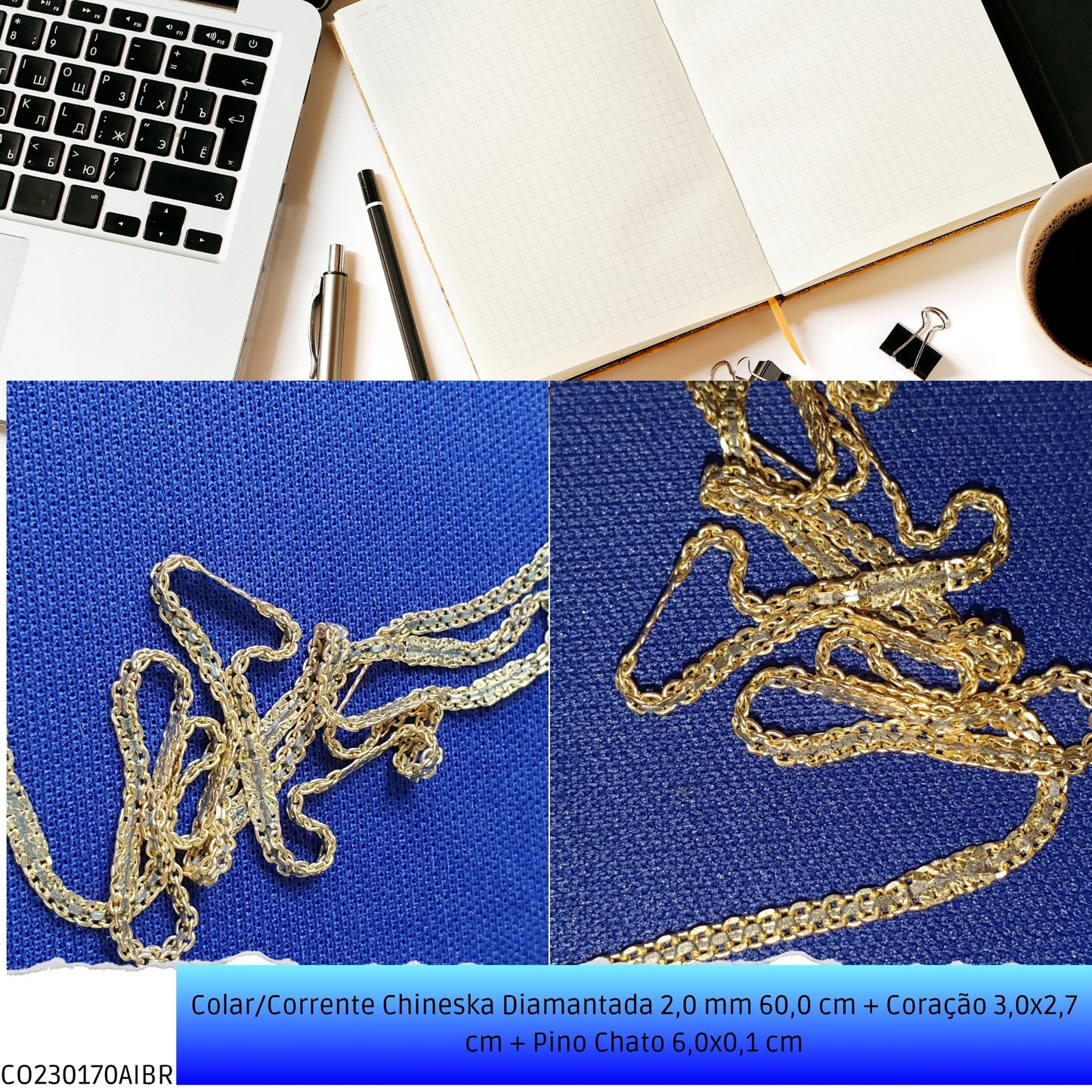 Colar/Corrente Chineska Diamantada 2.0 mm 60.0 cm + Coração 3.0x2.7 cm + Pino Chato 6.0x0.1 cm   - Código.: CO230170AIBR  - Peso.: 6.5 gr