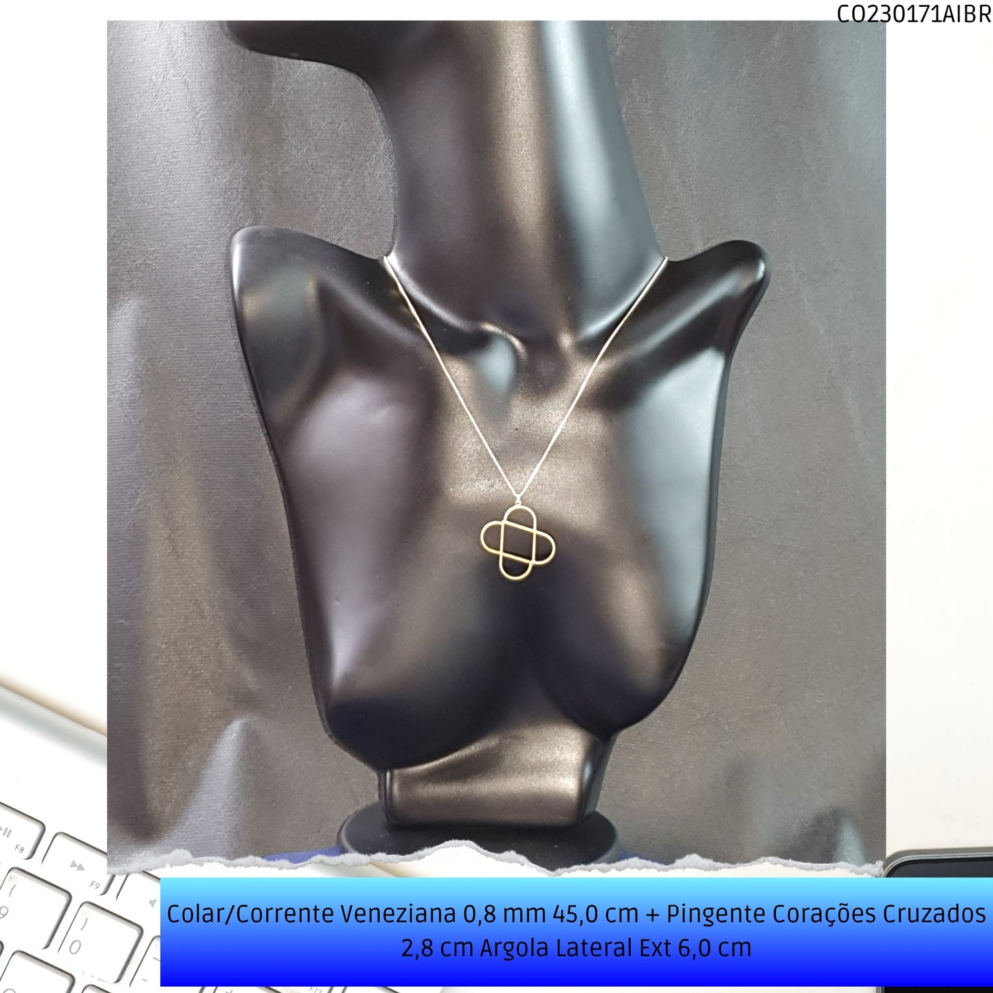 Colar/Corrente Veneziana 0.8 mm 45.0 cm + Pingente Corações Cruzados 2.8 cm Argola Lateral Ext 6.0 cm   - Código.: CO230171AIBR  - Peso.: 5.2 gr