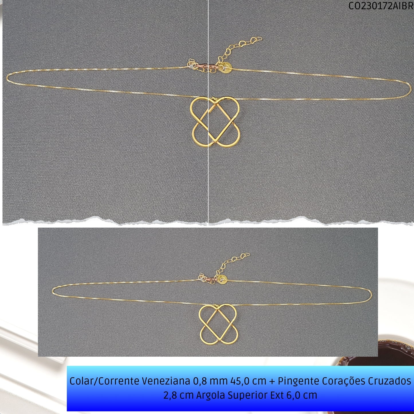 Colar/Corrente Veneziana 0.8 mm 45.0 cm + Pingente Corações Cruzados 2.8 cm Argola Superior Ext 6.0 cm   - Código.: CO230172AIBR  - Peso.: 5.2 gr