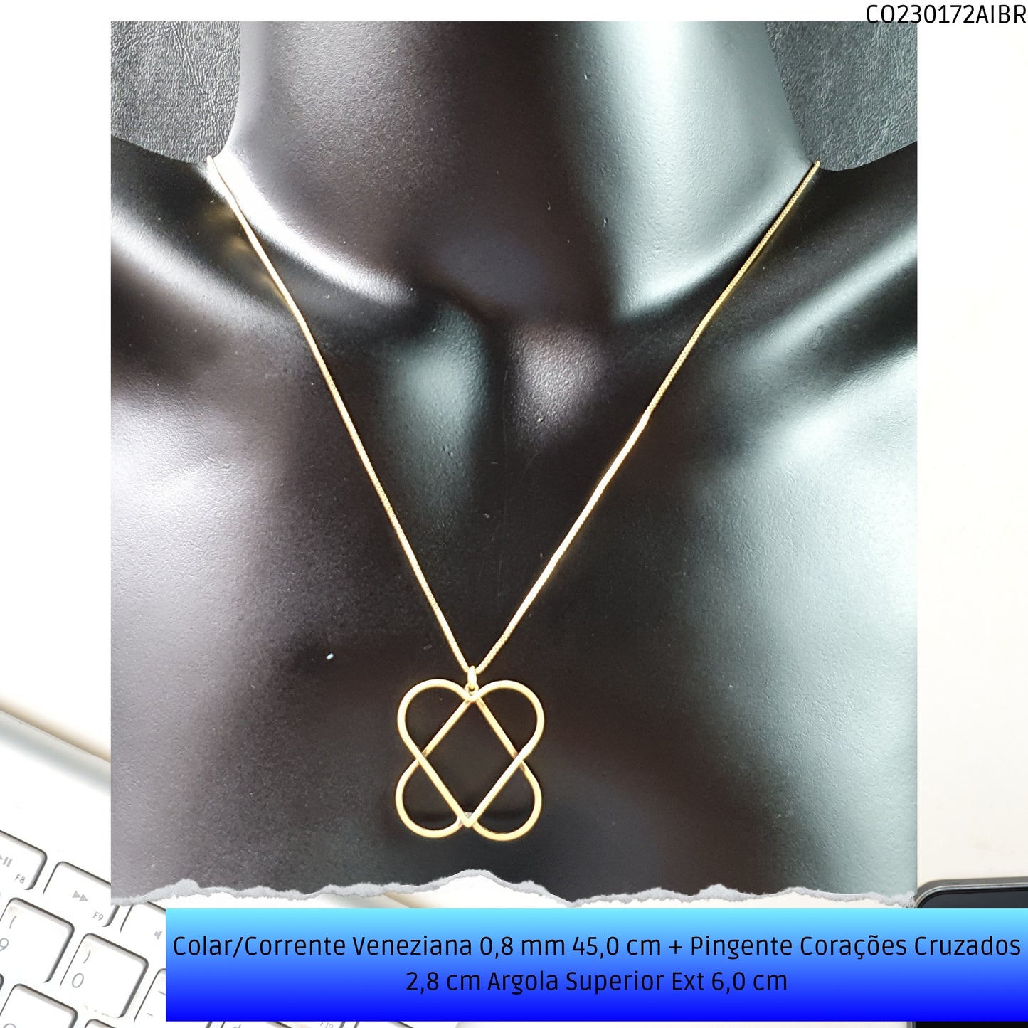 Colar/Corrente Veneziana 0.8 mm 45.0 cm + Pingente Corações Cruzados 2.8 cm Argola Superior Ext 6.0 cm   - Código.: CO230172AIBR  - Peso.: 5.2 gr