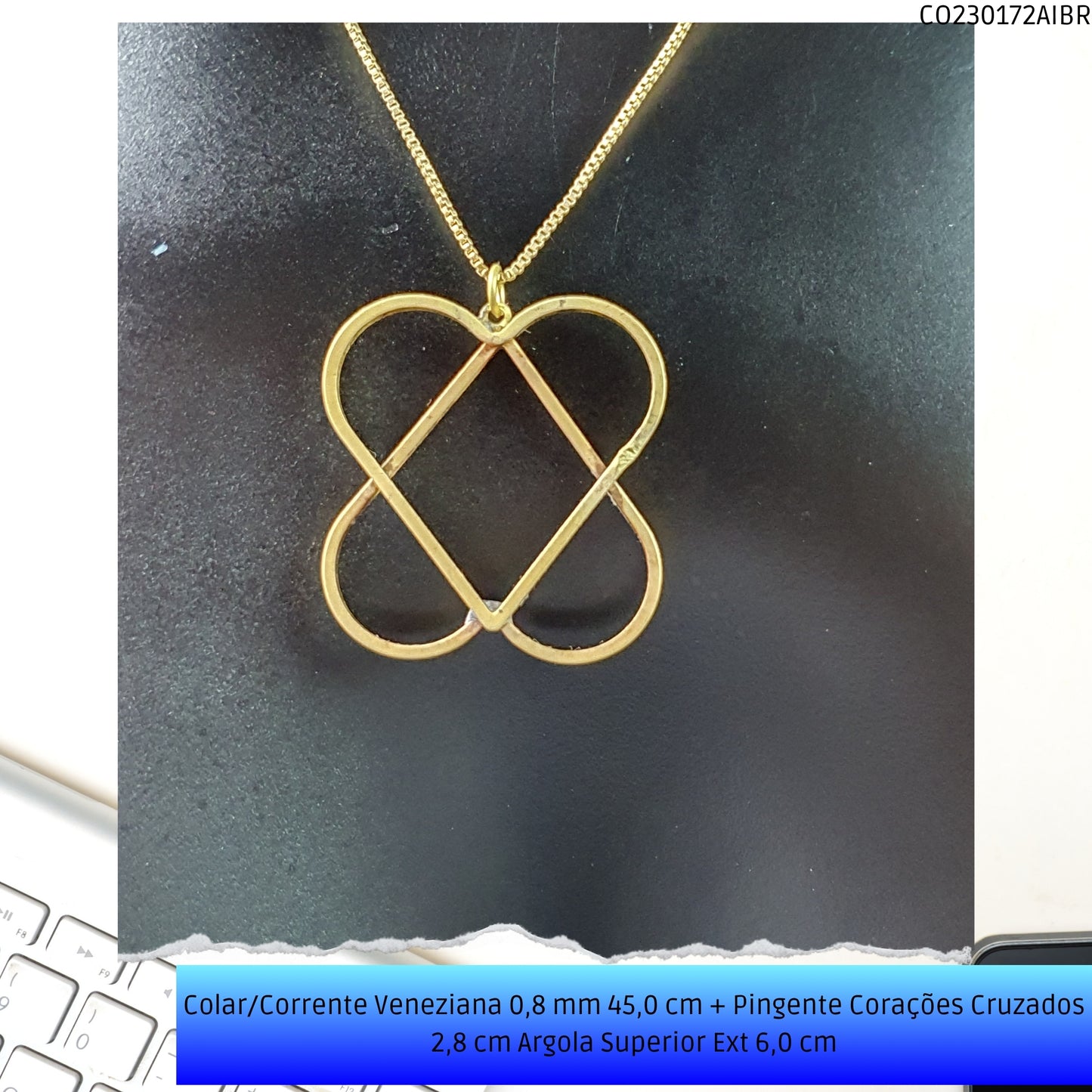 Colar/Corrente Veneziana 0.8 mm 45.0 cm + Pingente Corações Cruzados 2.8 cm Argola Superior Ext 6.0 cm   - Código.: CO230172AIBR  - Peso.: 5.2 gr